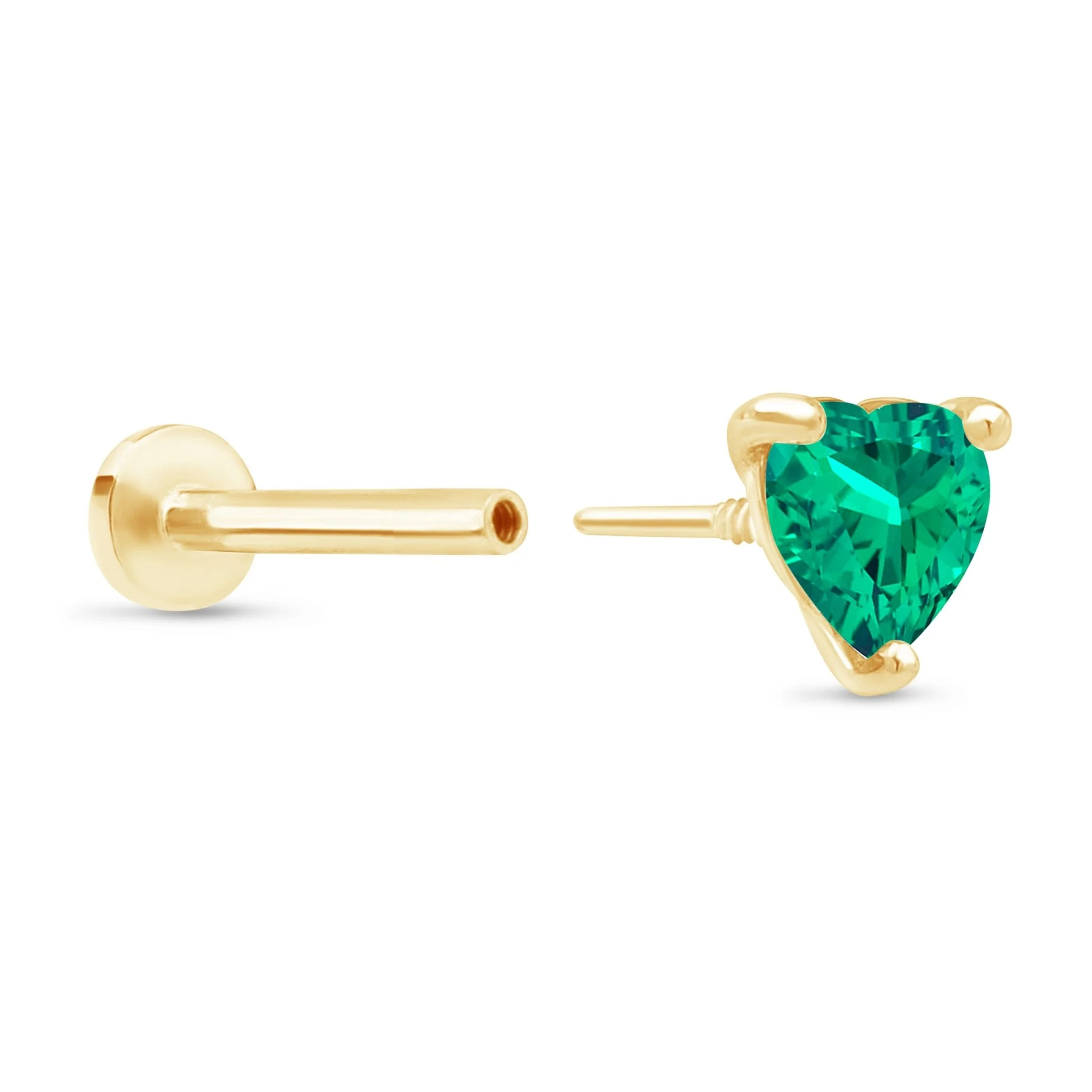 Yellow Gold Heart Flat Back Emerald Stud Earring - Image 11