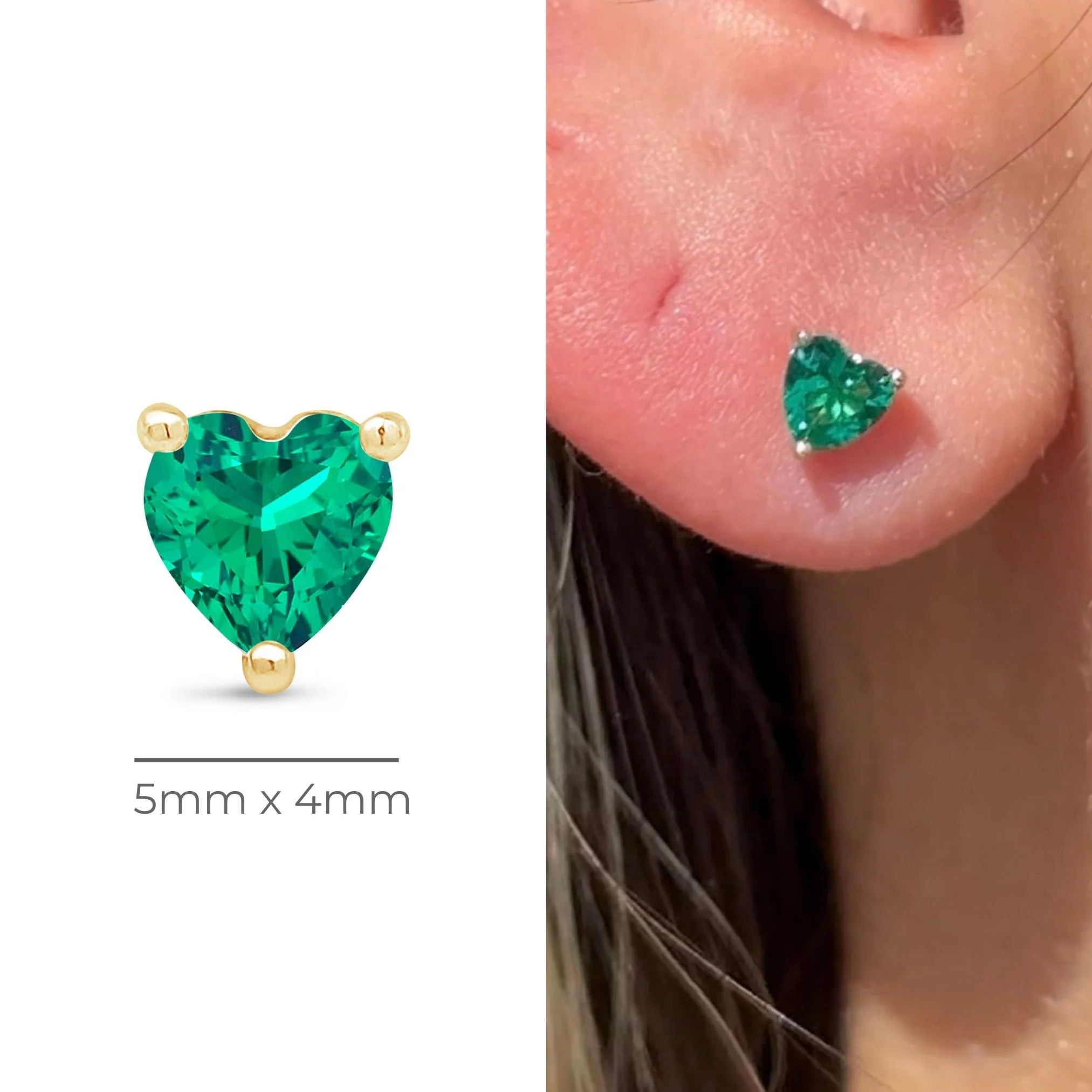 Yellow Gold Heart Flat Back Emerald Stud Earring - Image 12