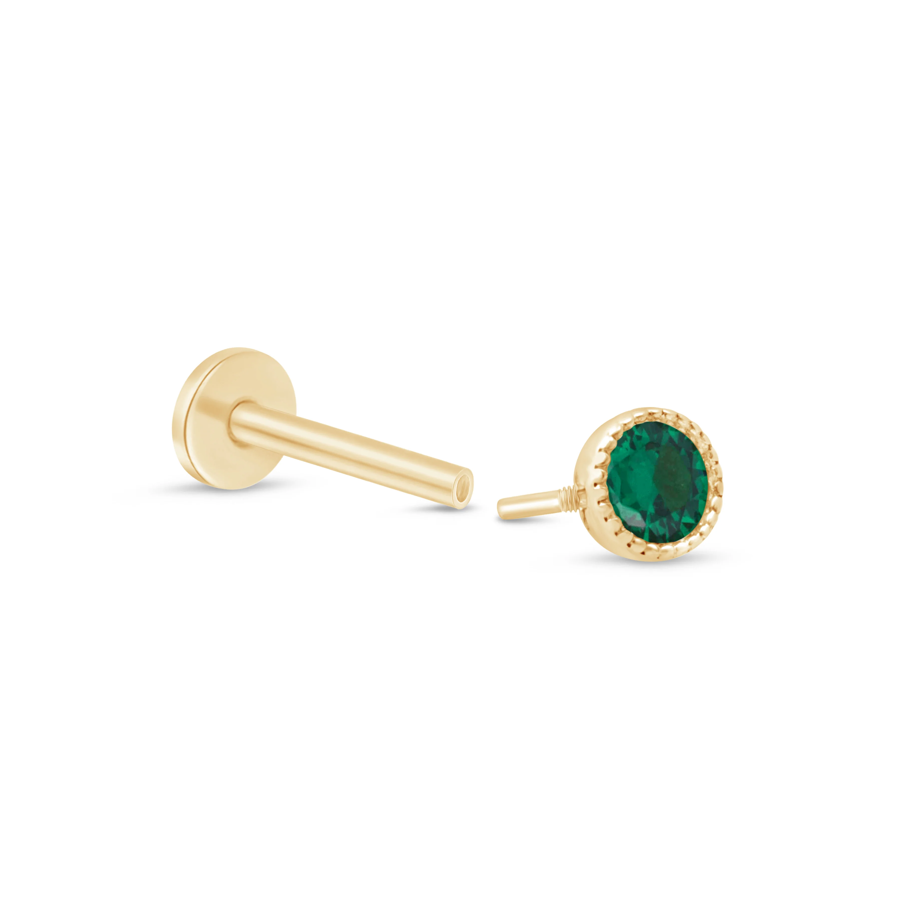 Yellow Gold Emerald Milgrain Set Flat Back Earring - Image 11