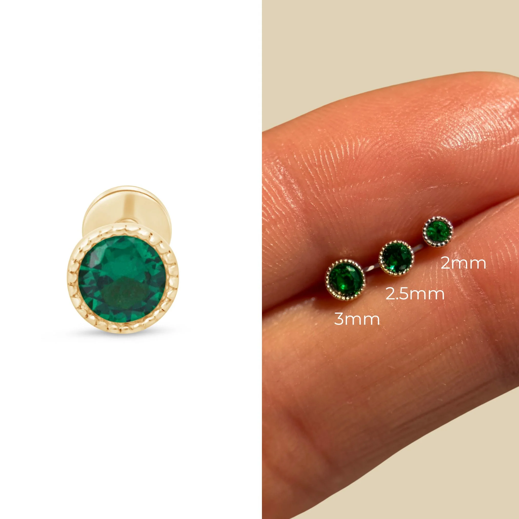 Yellow Gold Emerald Milgrain Set Flat Back Earring - Image 12