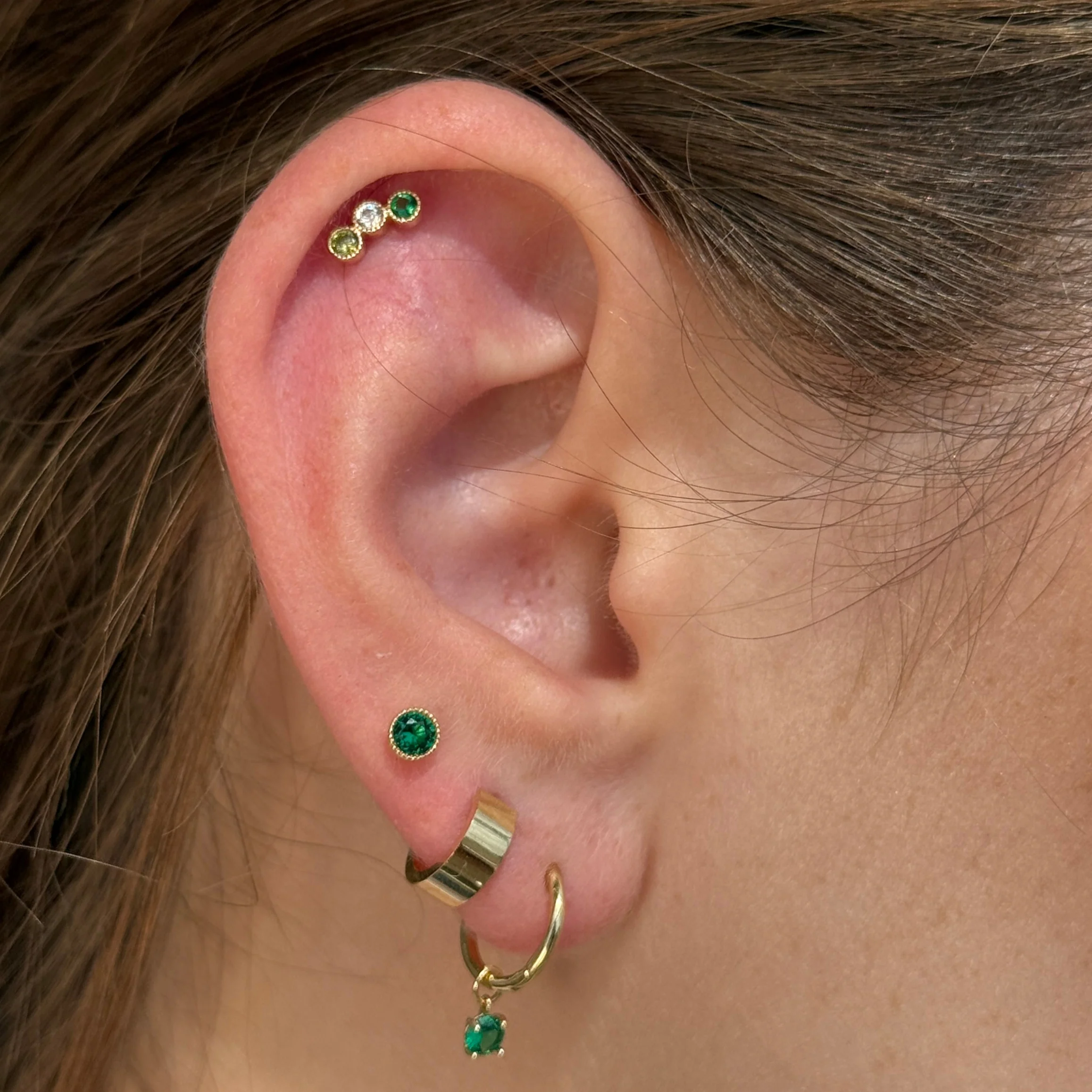 Yellow Gold Emerald Milgrain Set Flat Back Earring - Image 6