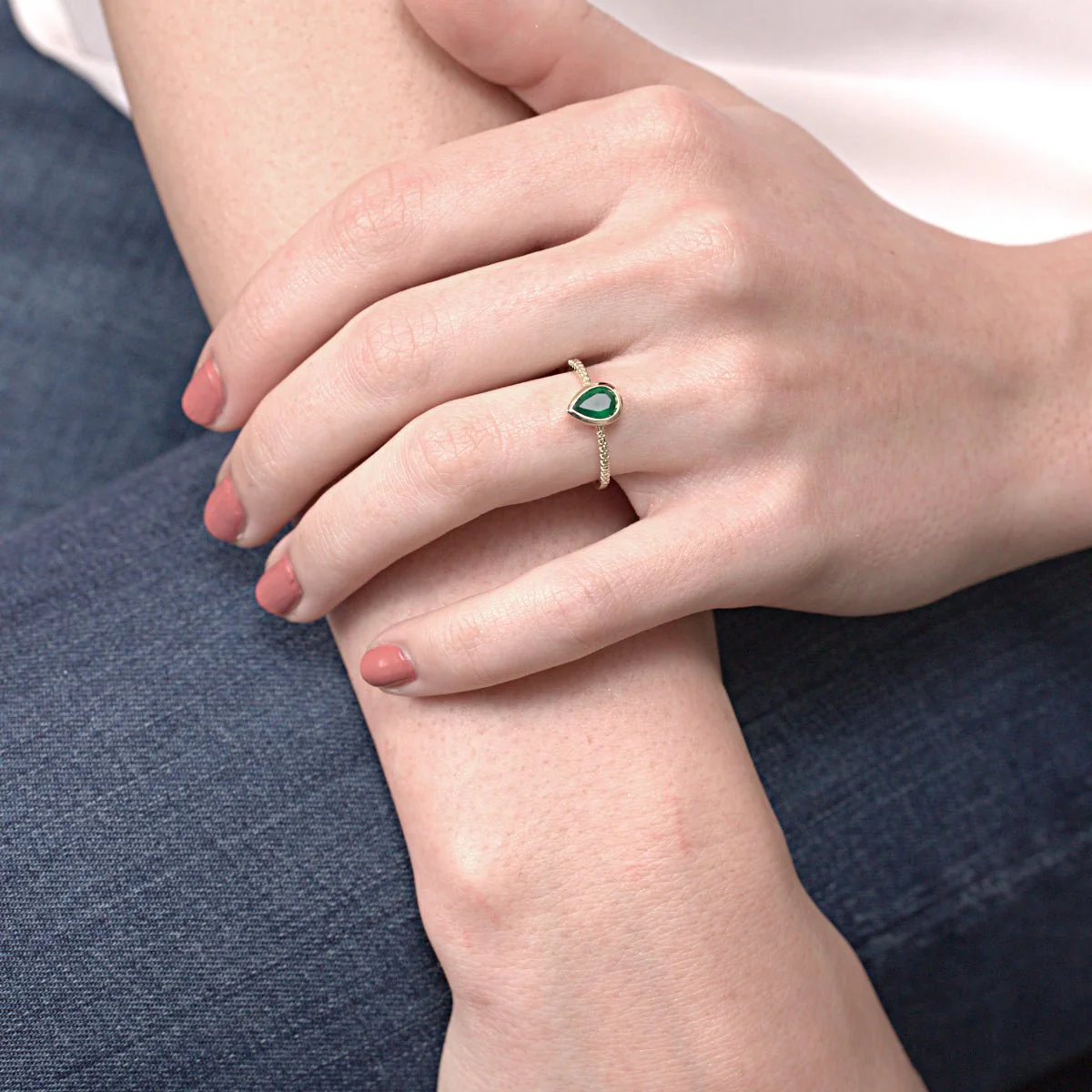 Green Agate Teardrop Cocktail Ring Bezel Set in Solid 14k Yellow Gold - Image 2