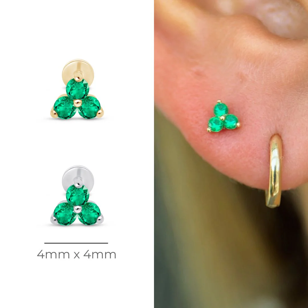 Yellow Gold Emerald Trinity Cluster Flat Back Earring - Image 11