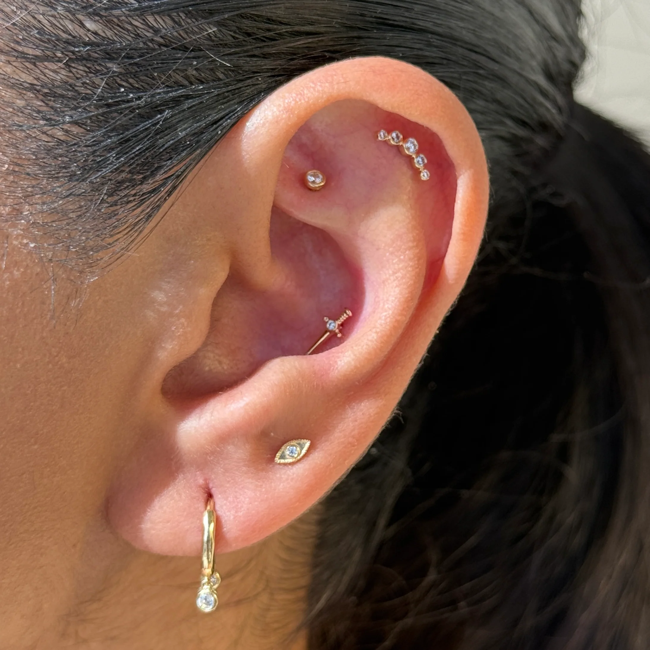 Yellow Gold Evil Eye Flat Back Threaded Stud Earring - Image 10