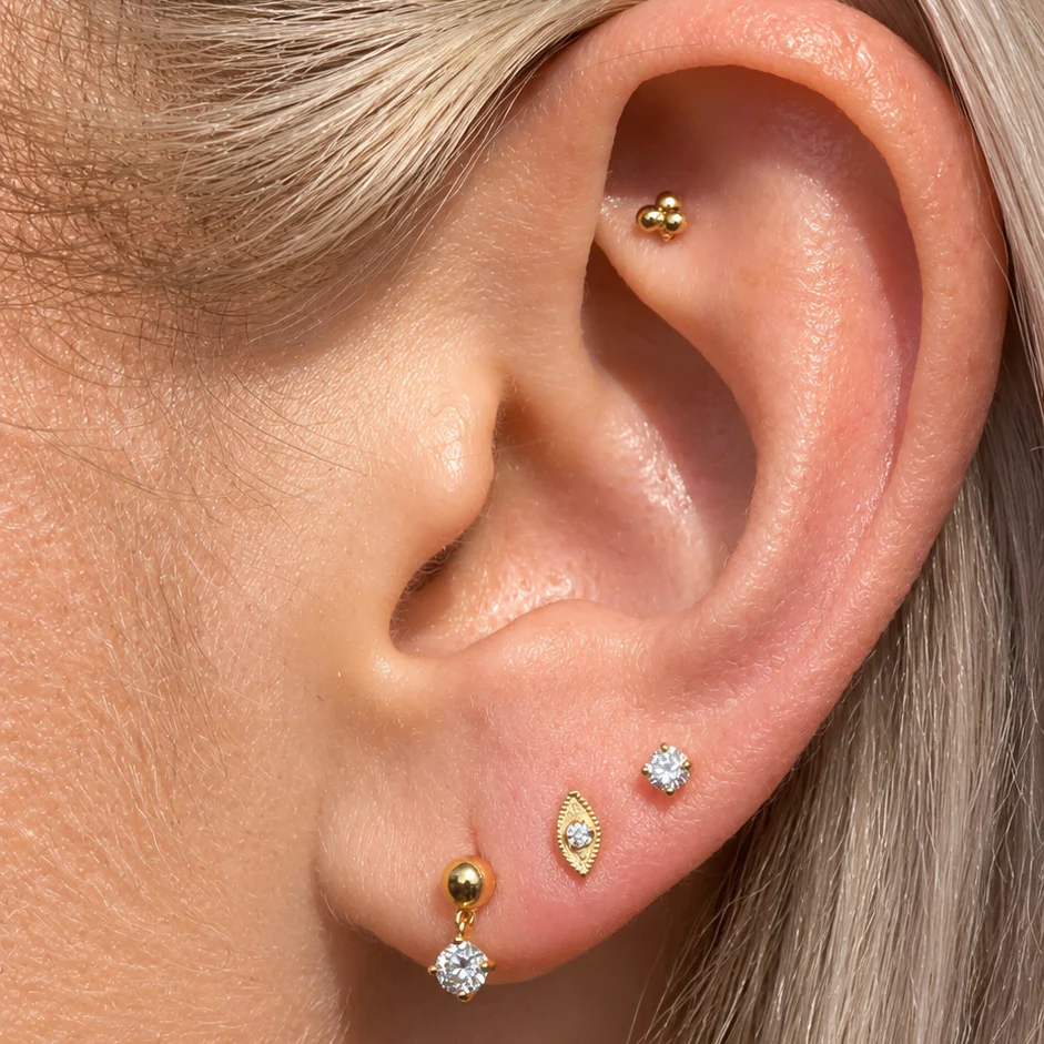 Yellow Gold Trinity Beaded Cluster Flat Back Earring - Image 3