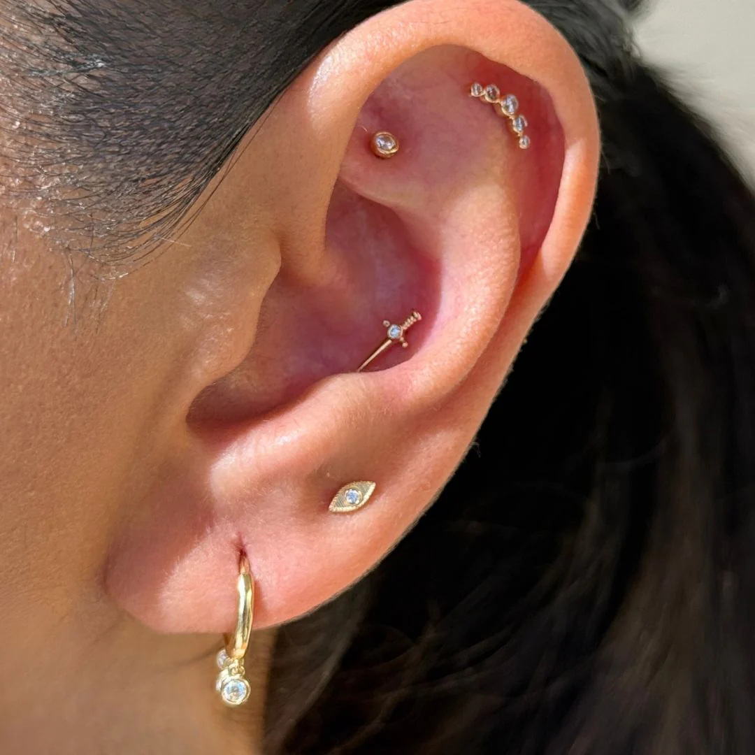 Yellow Gold Evil Eye Flat Back Threaded Stud Earring - Image 4