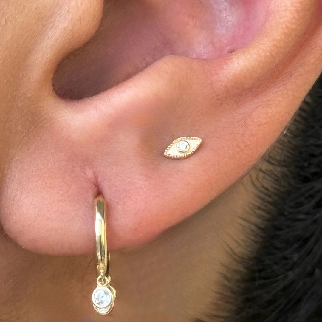 Yellow Gold Evil Eye Flat Back Threaded Stud Earring - Image 5