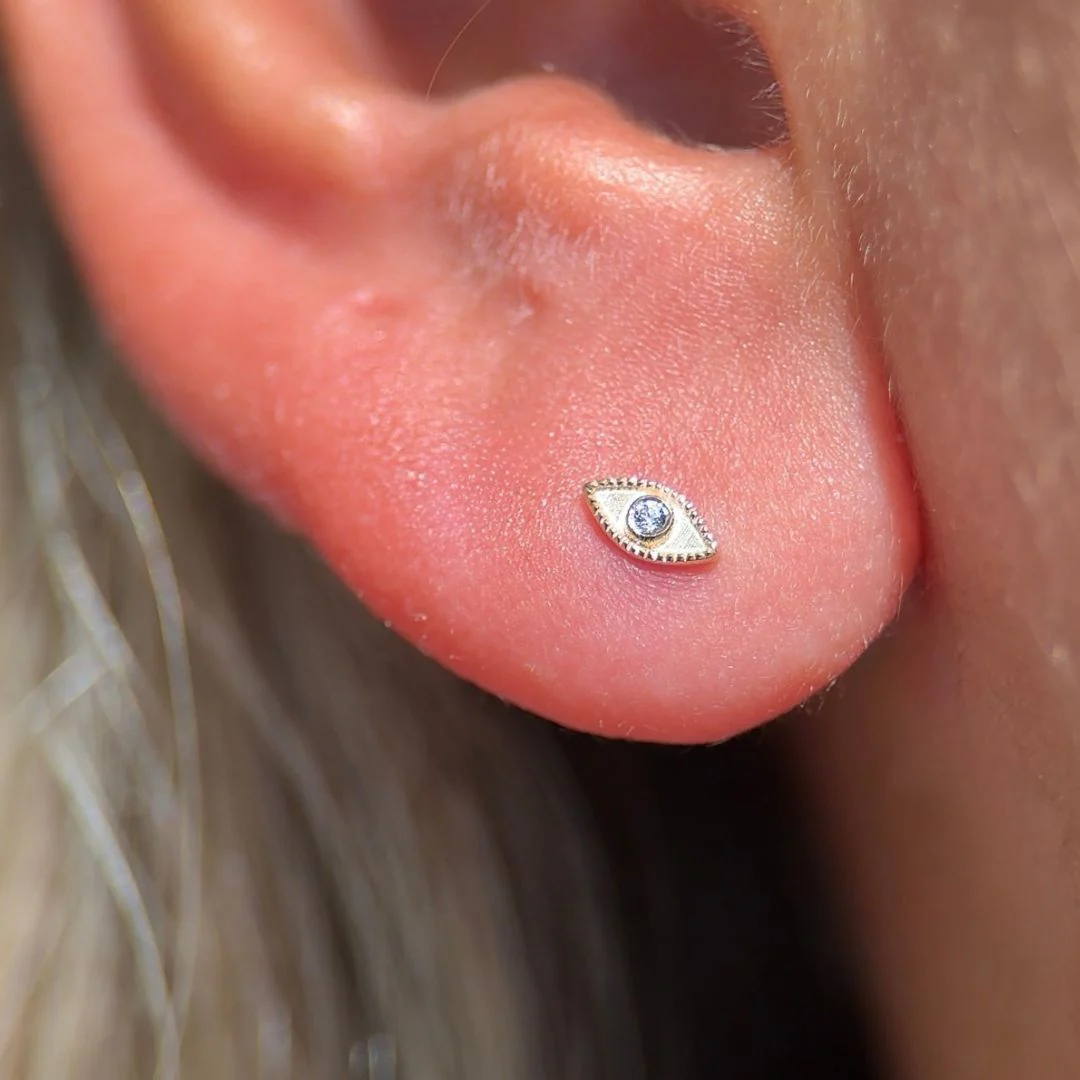 Yellow Gold Evil Eye Flat Back Threaded Stud Earring - Image 8