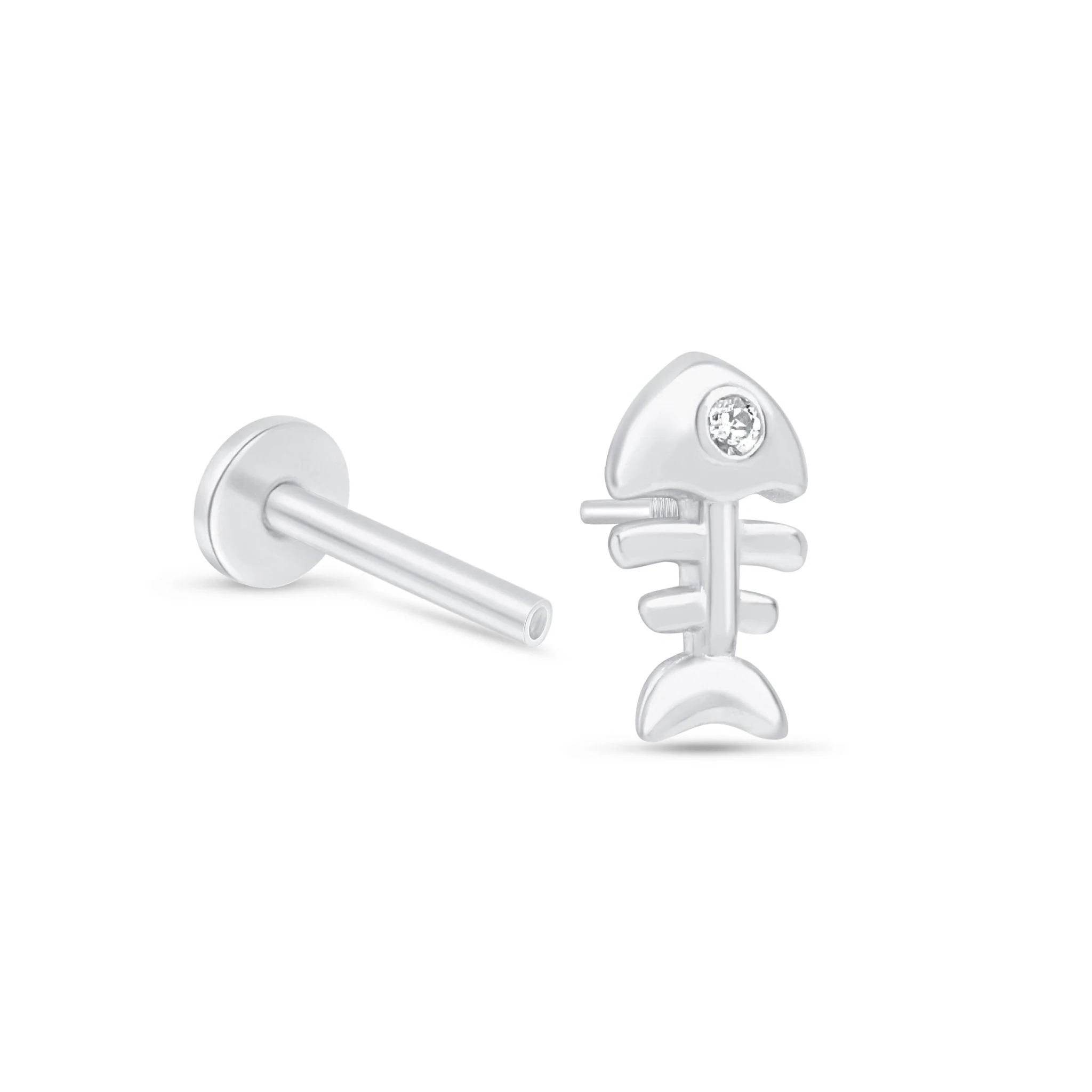 White Gold Fishbone Threaded Flat Back Earring - Image 7
