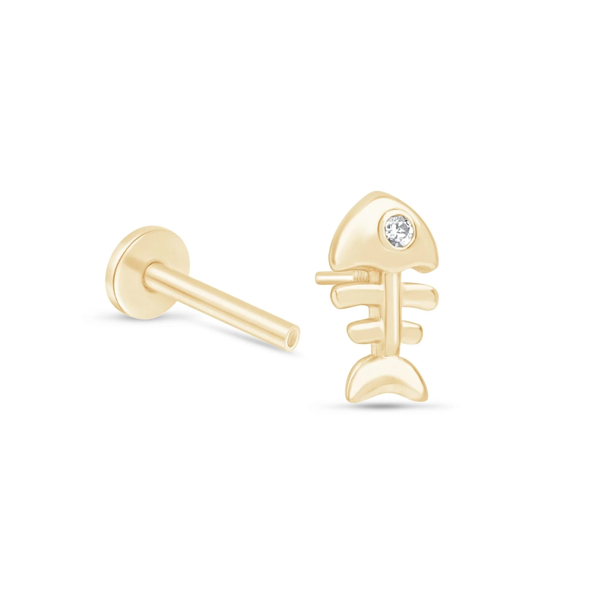 Yellow Gold Fishbone Threaded Flat Back Earring - Image 8