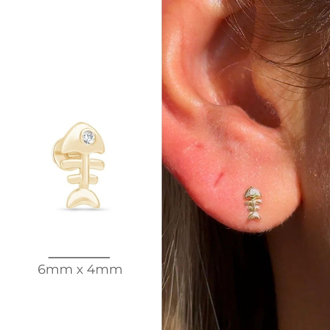 Yellow Gold Fishbone Threaded Flat Back Earring - Image 9