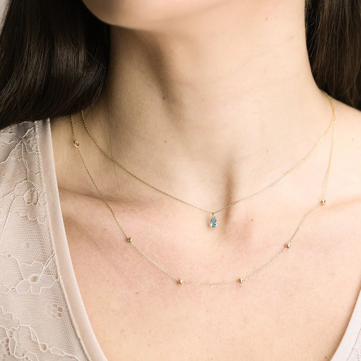 Yellow Gold Five Beaded Station Necklace - Image 3