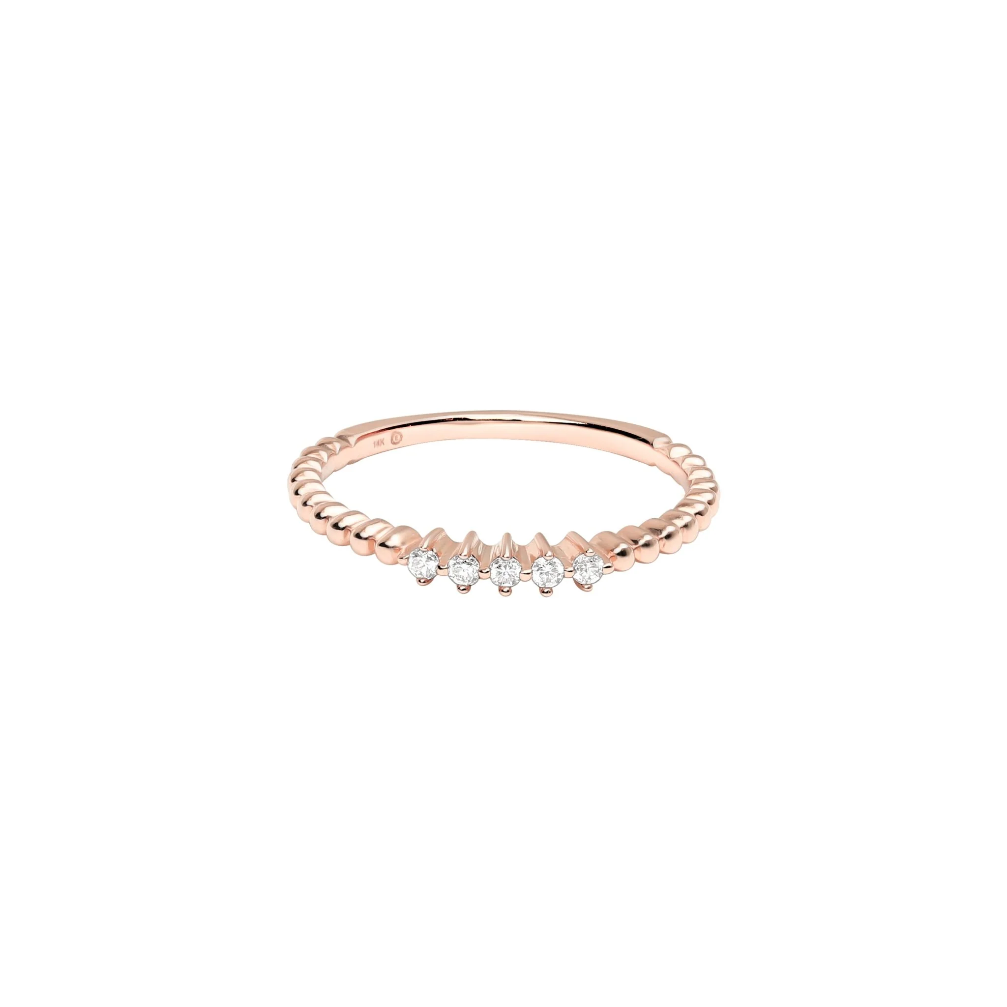 Five Diamond Beaded Ring in Solid 14k Rose Gold