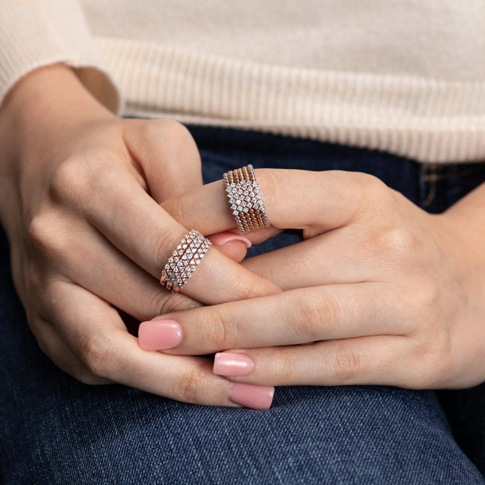 Five Diamond Beaded Ring in Solid 14k Rose Gold - Image 6