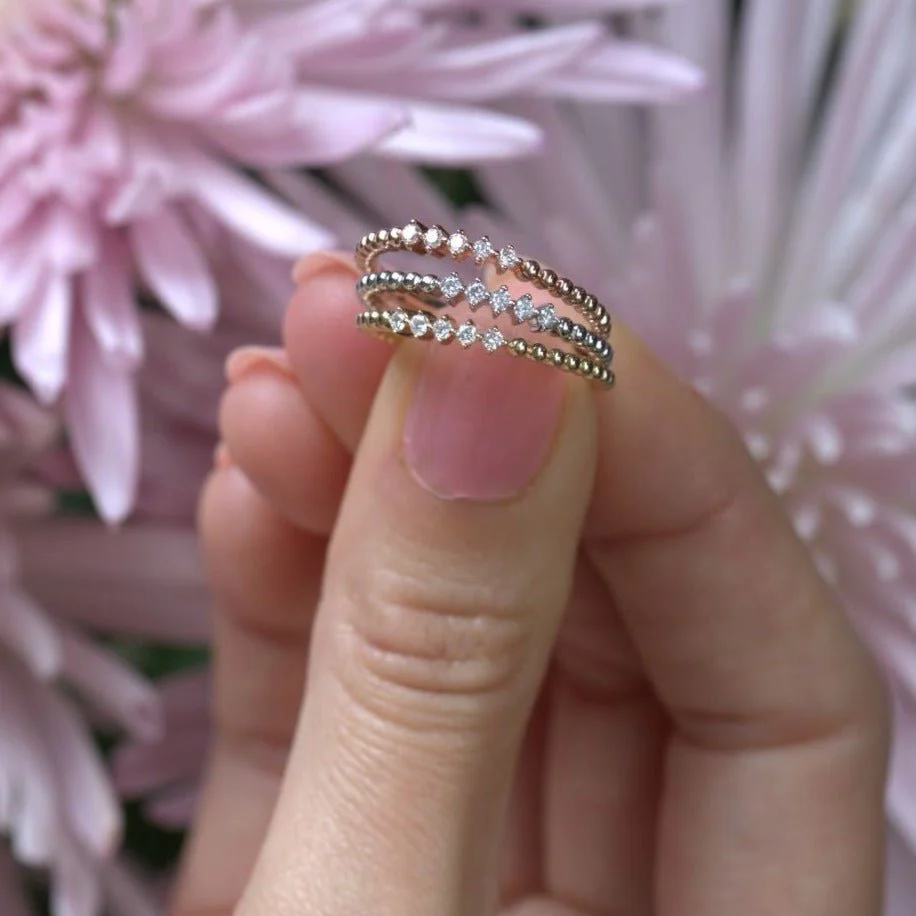 Five Diamond Beaded Ring in Solid 14k White Gold - Image 7