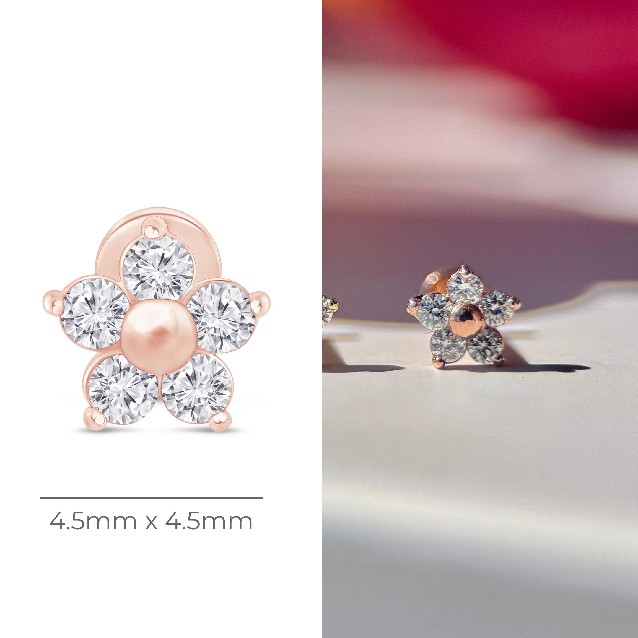 Rose Gold Five Diamond Flower Flat Back Earring - Image 10