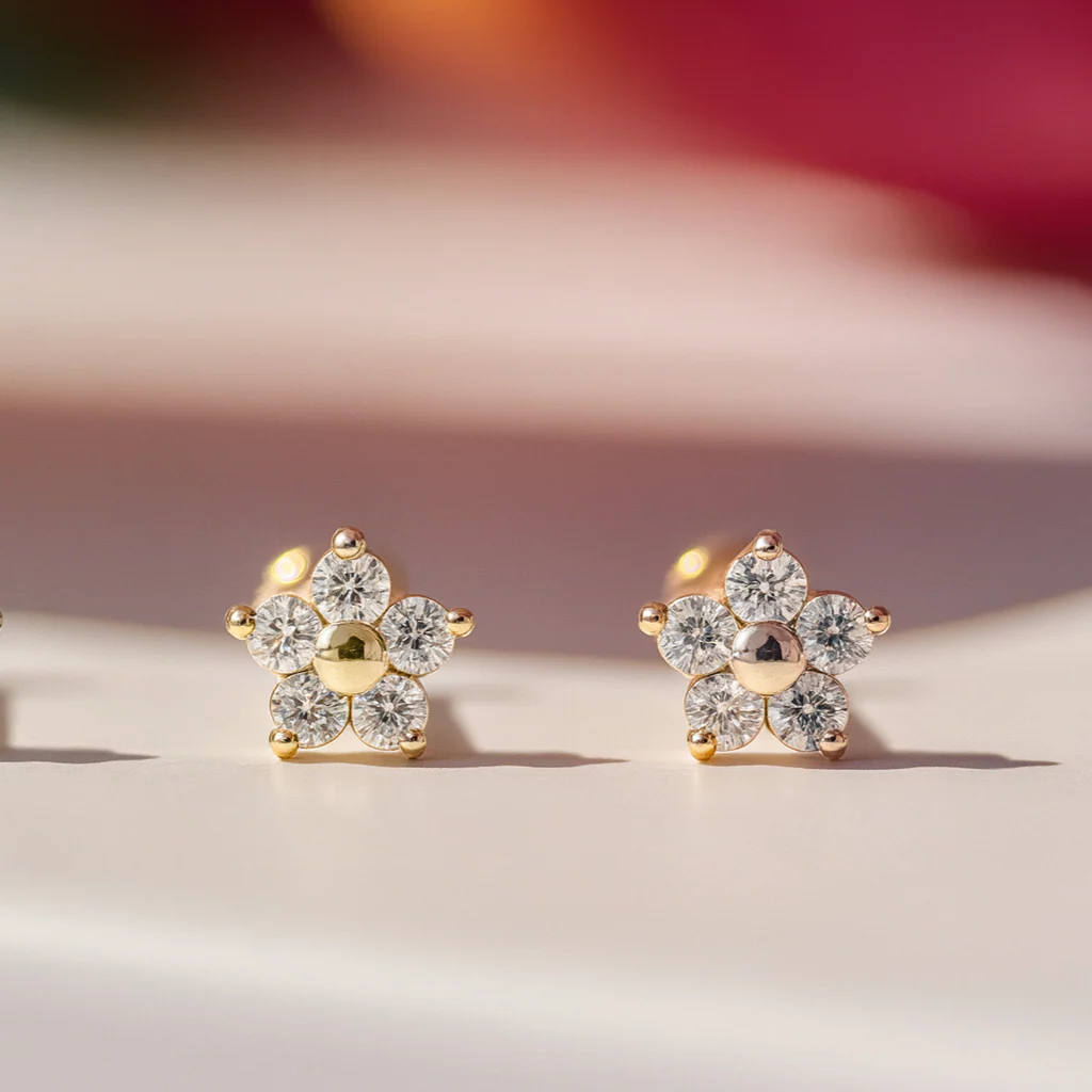 Rose Gold Five Diamond Flower Flat Back Earring - Image 2