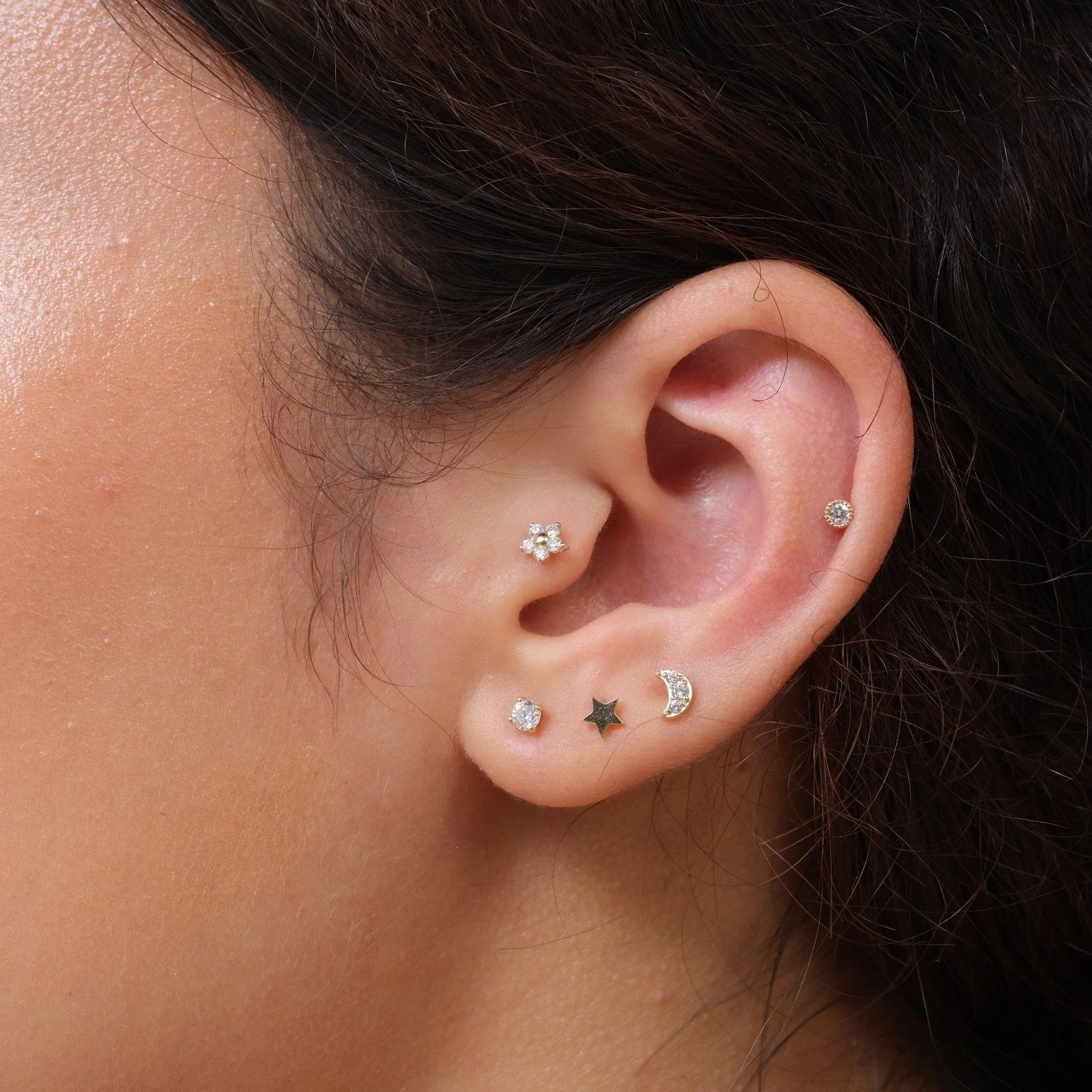 Rose Gold Five Diamond Flower Flat Back Earring - Image 7