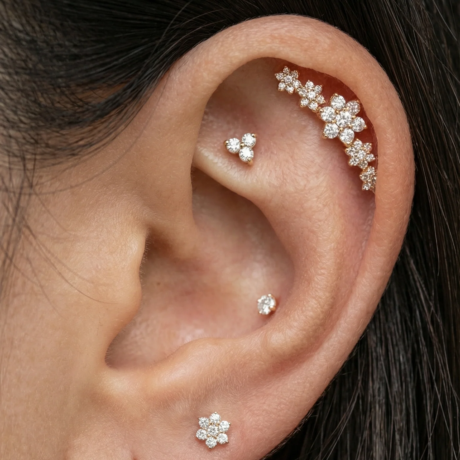 Rose Gold Seven Diamond Flower Flat Back Earring - Image 5
