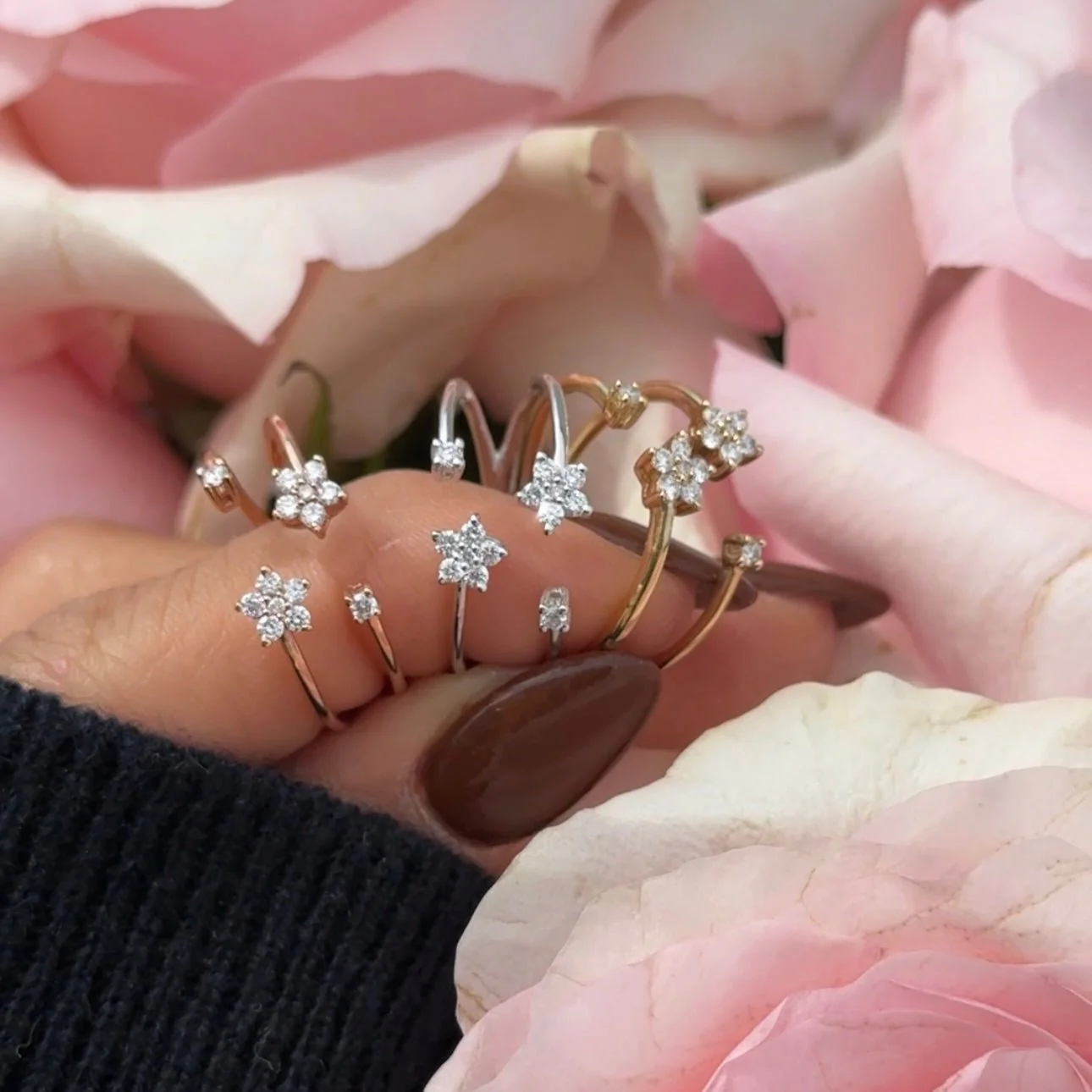 Floating Diamond Flower Wrap Ring in Solid 14k Yellow Gold - Image 4