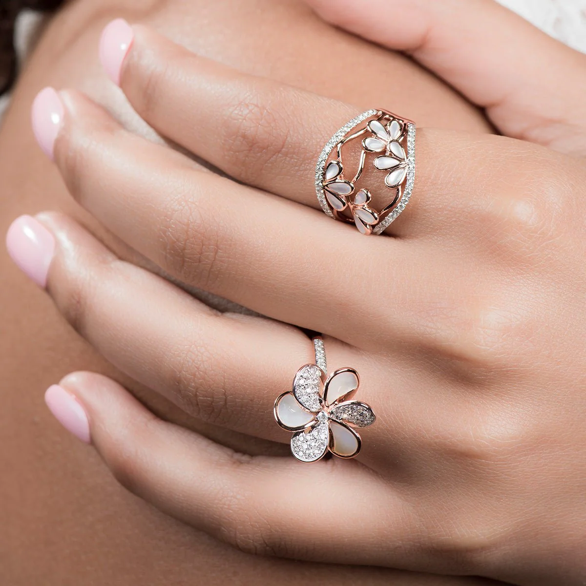 Floral Mother Of Pearl and Diamond Cocktail Ring in Solid 14k Rose Gold - Image 2