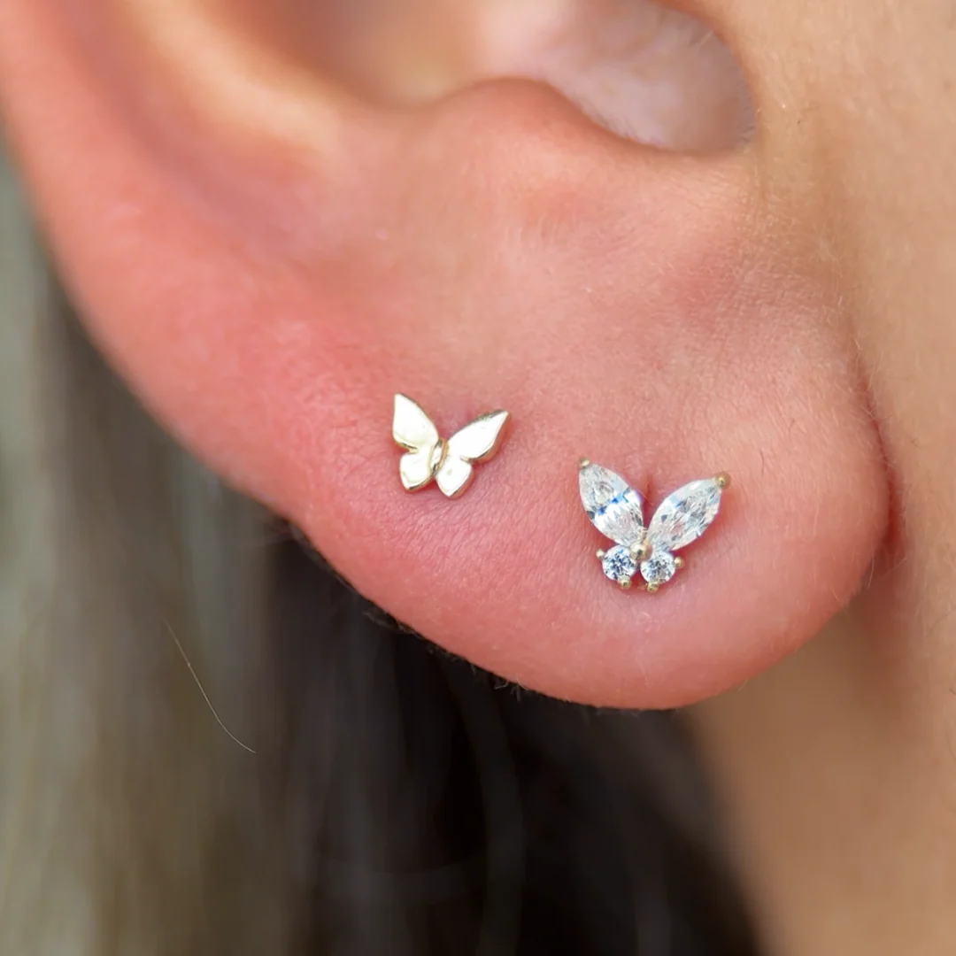 Yellow Gold Butterfly Threaded Flat Back Earring - Image 3