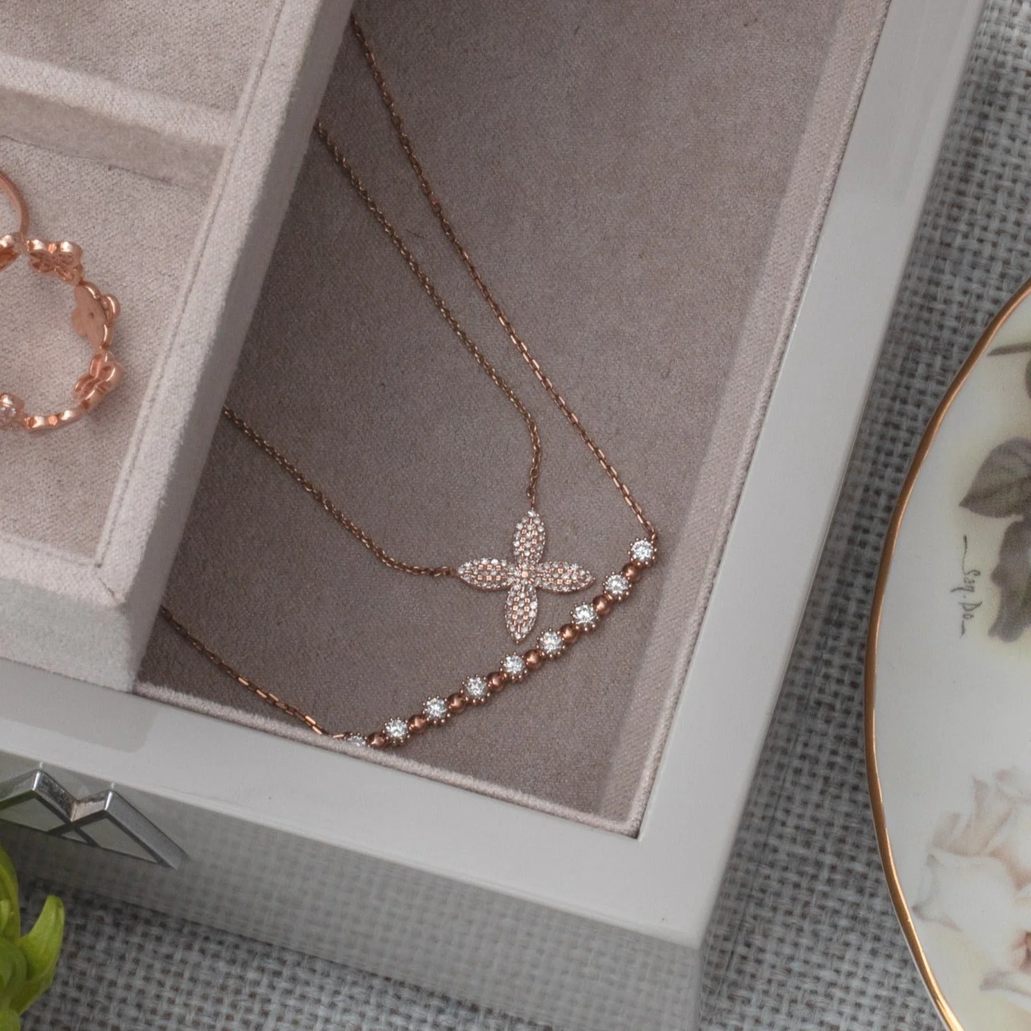 Rose Gold Four Petal Diamond Flower Necklace - Image 5