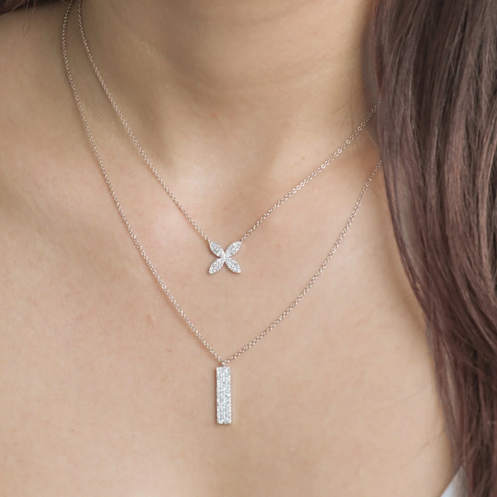 White Gold Four Petal Diamond Flower Necklace - Image 3