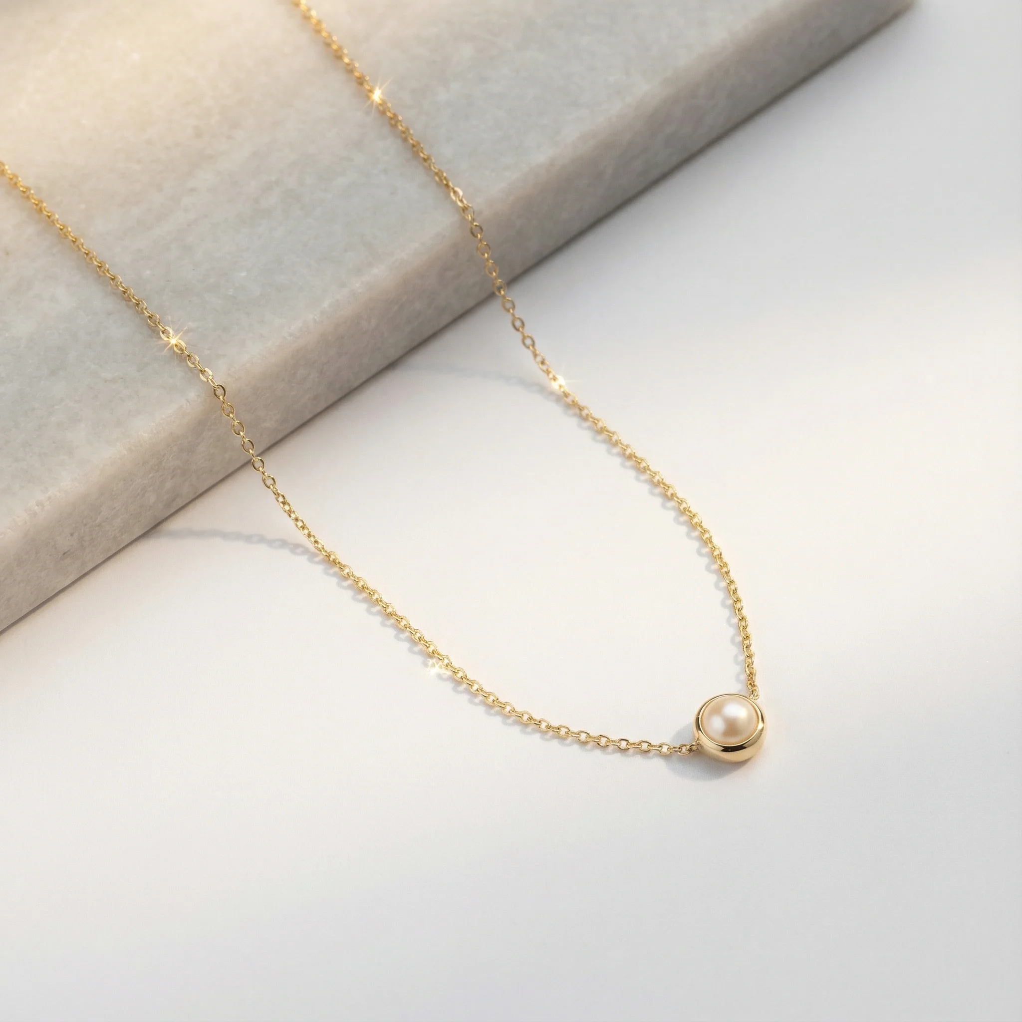 Yellow Gold Freshwater Pearl Bezel Station Necklace - Image 3