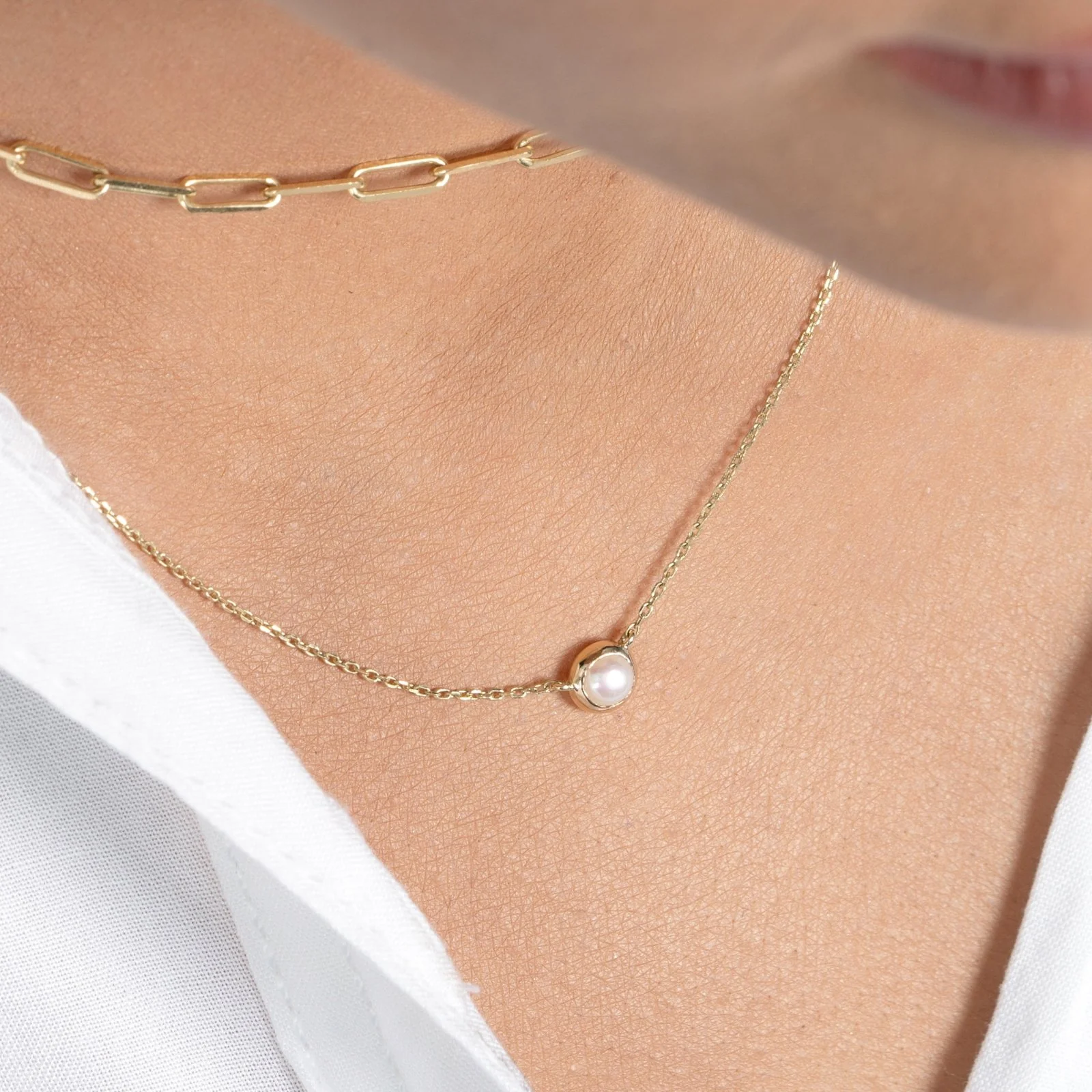 Yellow Gold Freshwater Pearl Bezel Station Necklace - Image 4