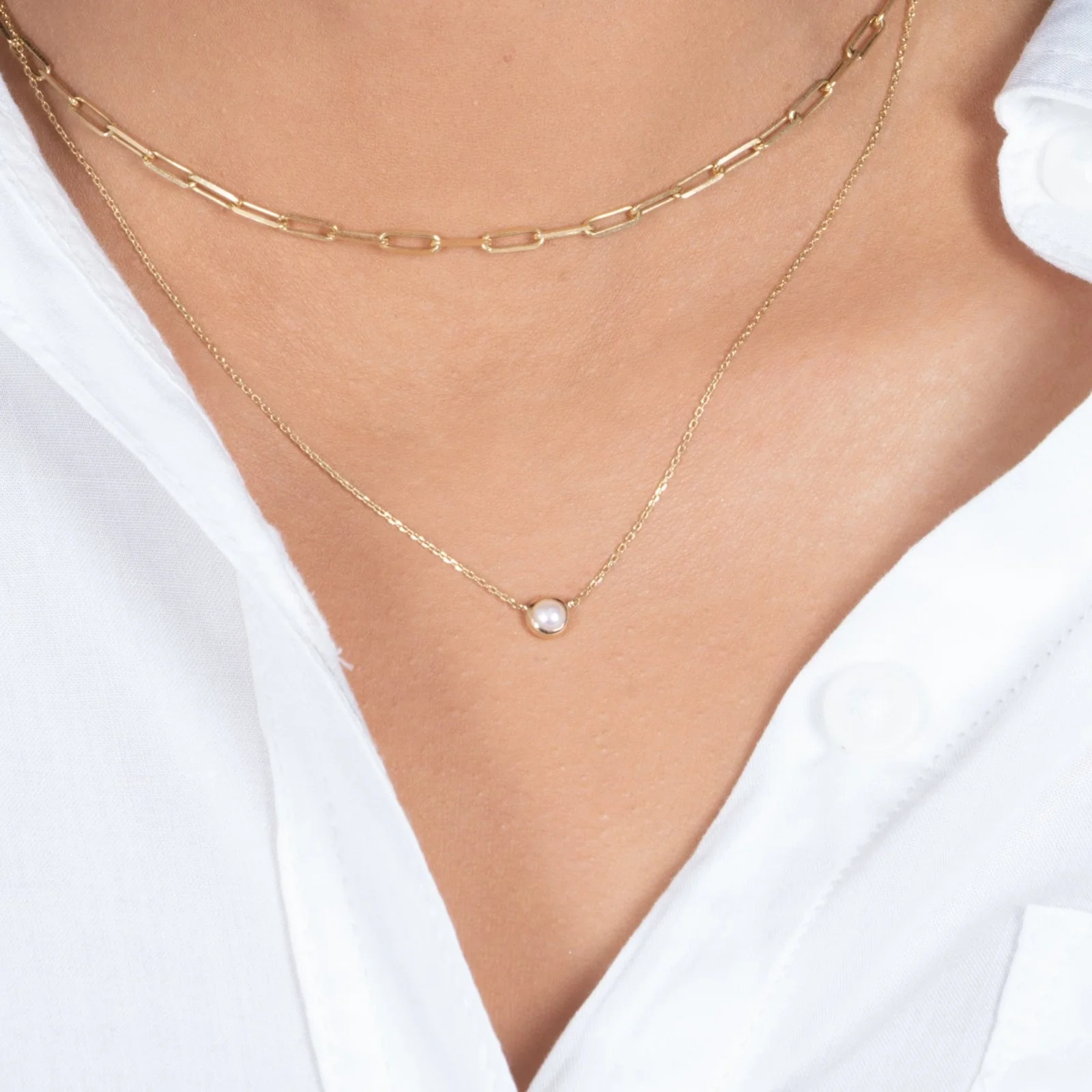 Yellow Gold Freshwater Pearl Bezel Station Necklace - Image 8