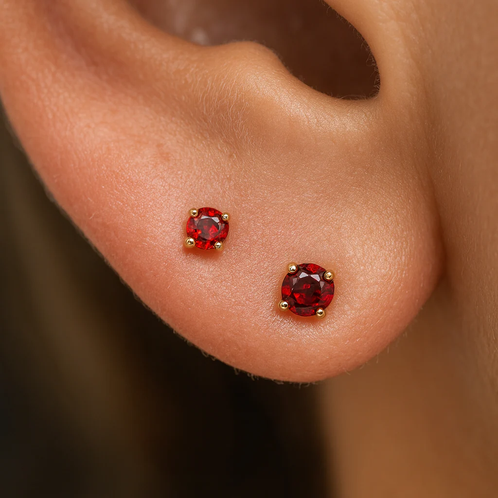 Yellow Gold Garnet Flat Back Threaded Stud Earring - Image 2
