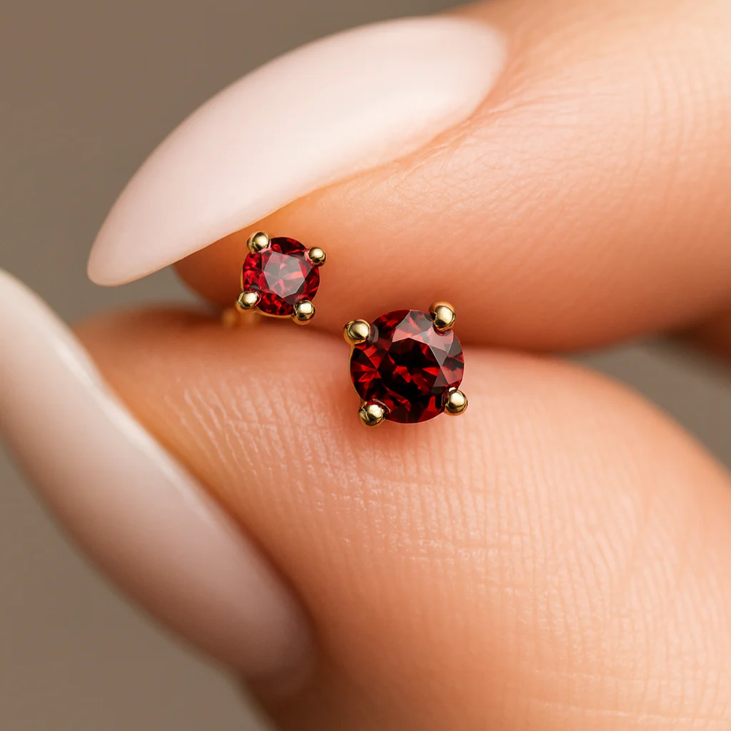 Yellow Gold Garnet Flat Back Threaded Stud Earring - Image 3