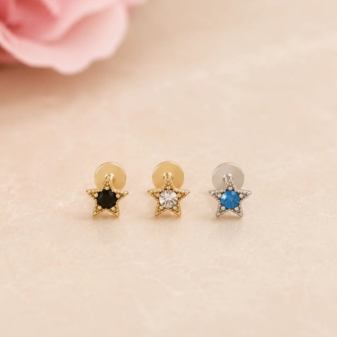 White Gold Star Milgrain Flat Back Earring - Image 6