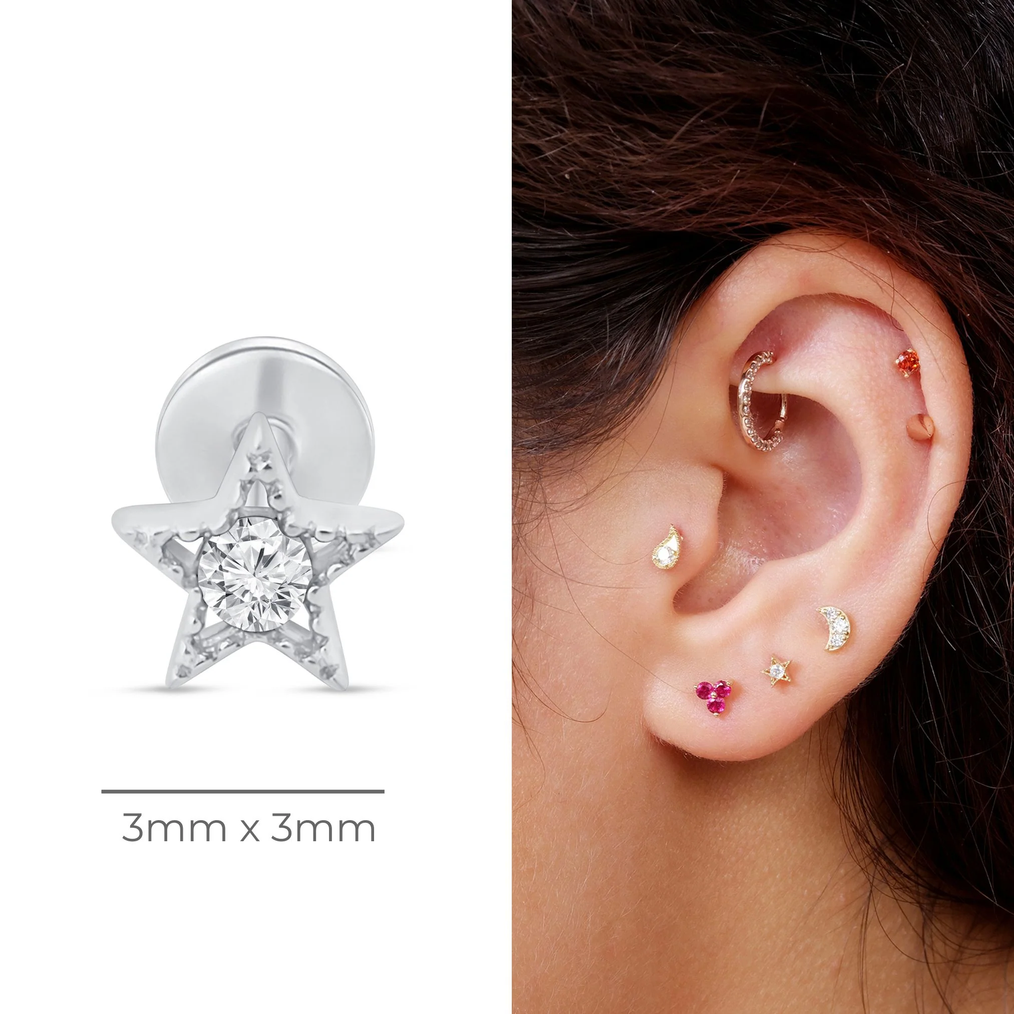 White Gold Star Milgrain Flat Back Earring - Image 8