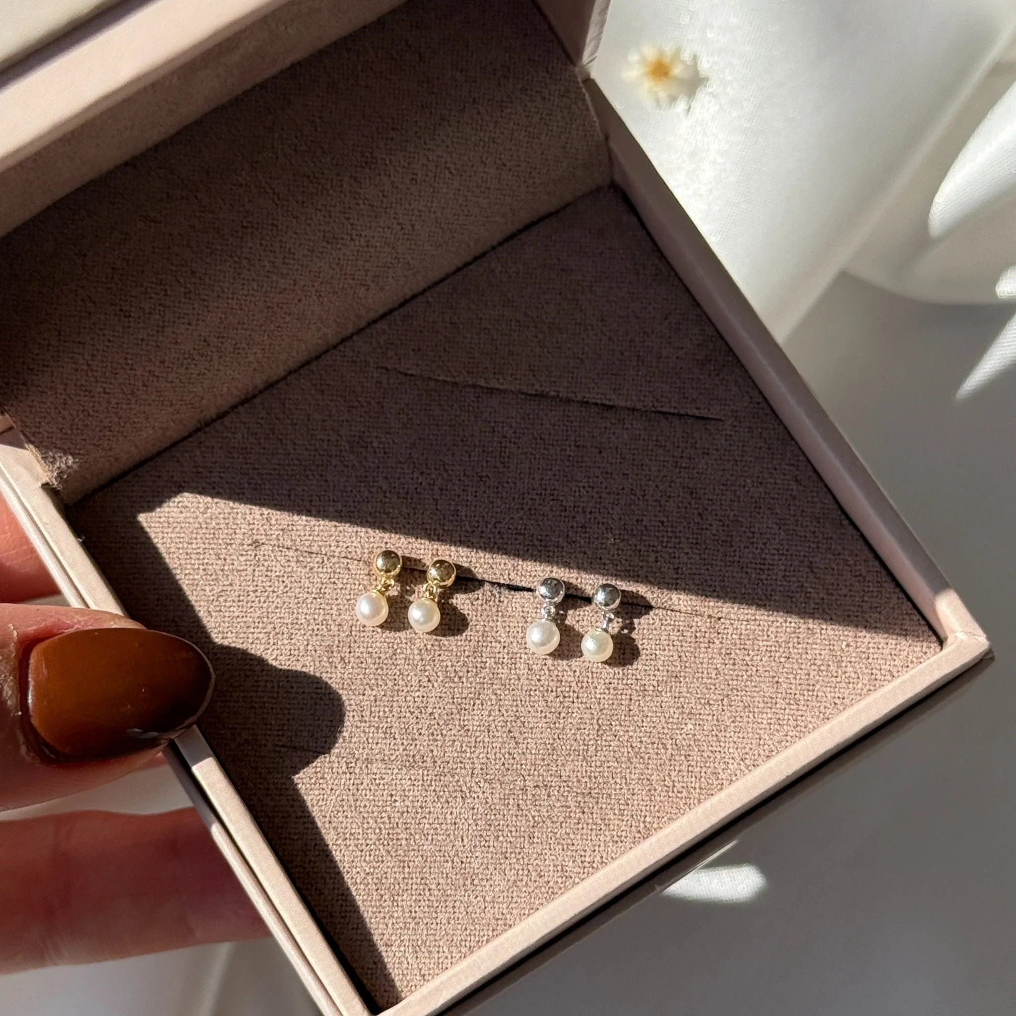 Yellow Gold Pearl Drop Threaded Flat Back Earring - Image 10