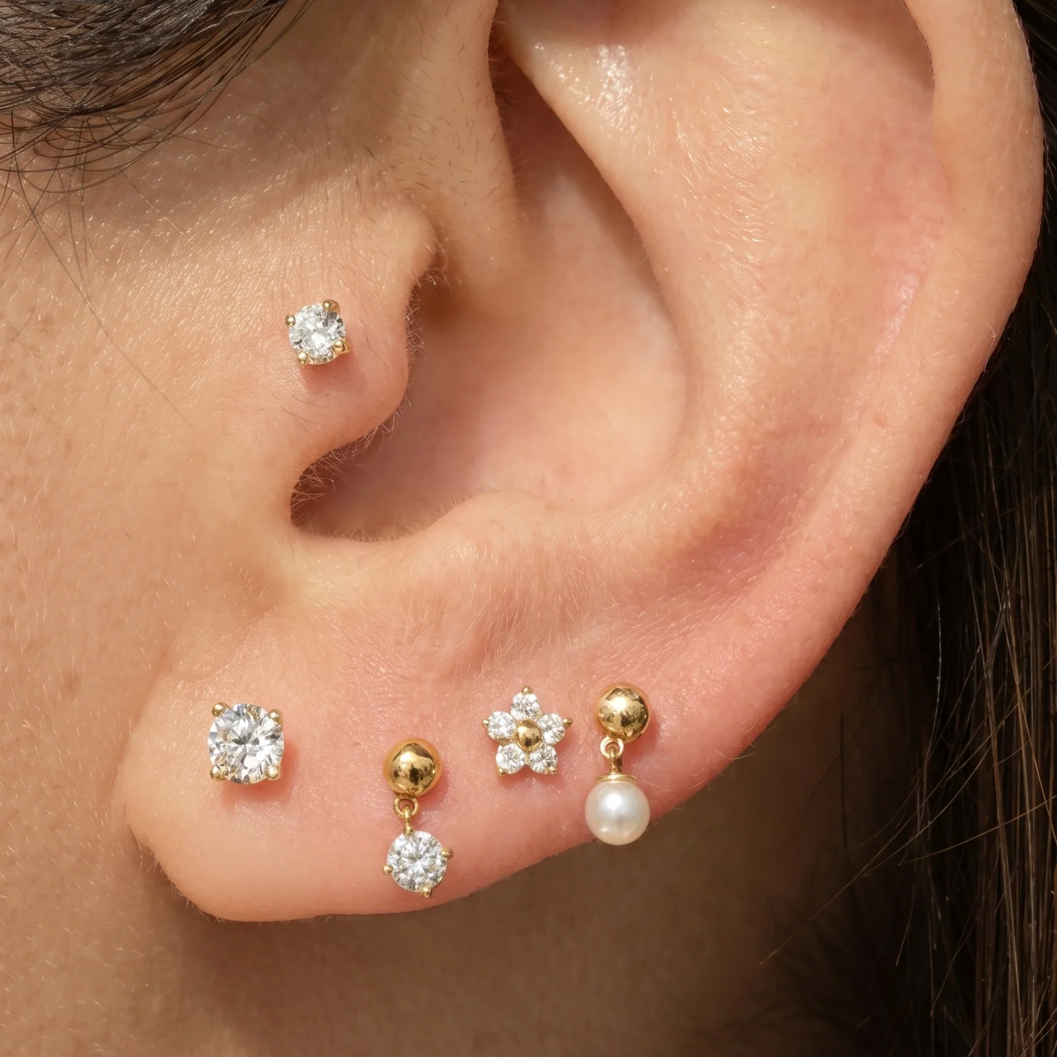 Yellow Gold Diamond Flower Flat Back Stud Earring - Image 4
