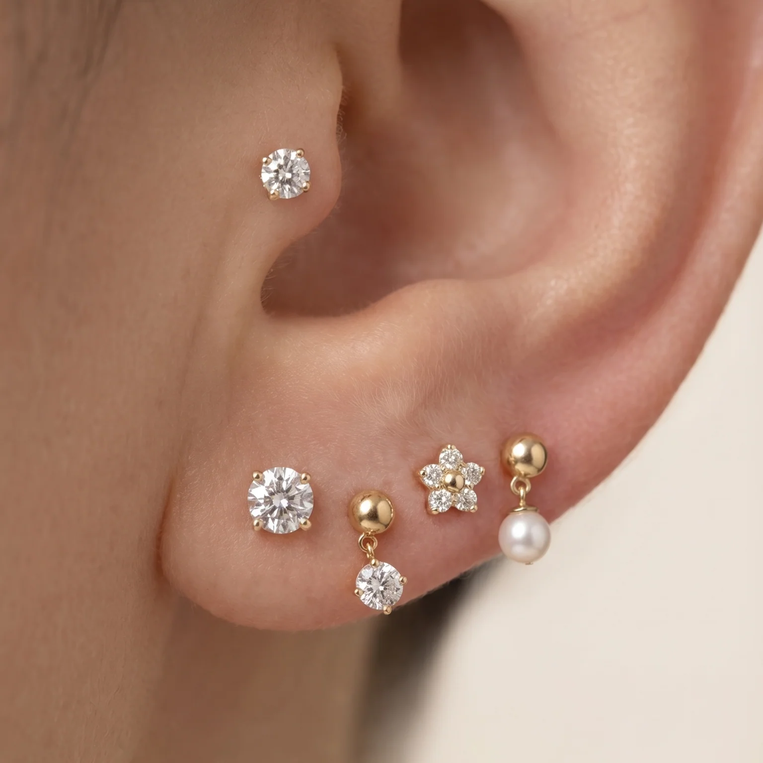 Yellow Gold Diamond Flower Flat Back Stud Earring - Image 8