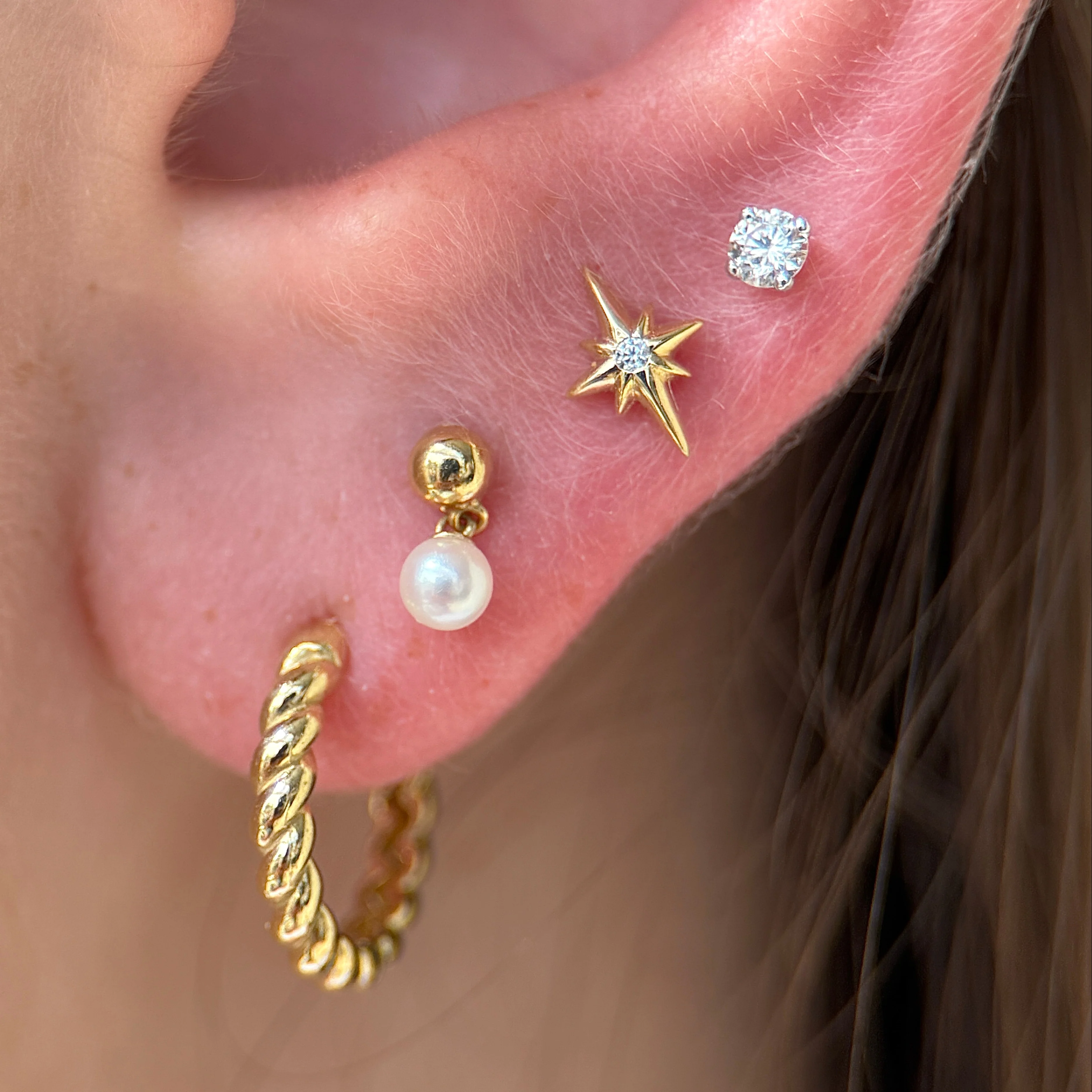 Yellow Gold Pearl Drop Threaded Flat Back Earring - Image 9