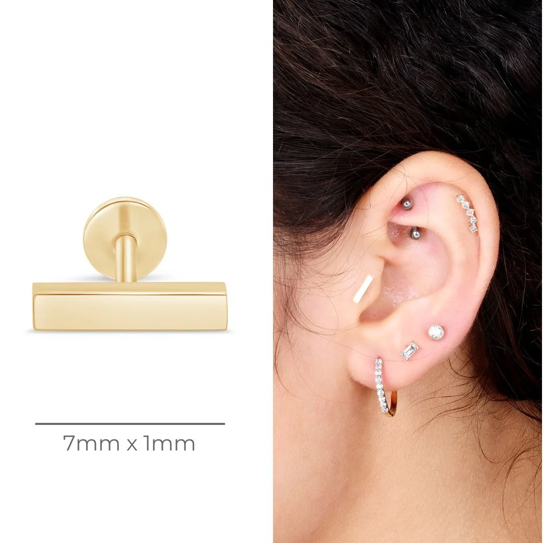 Yellow Gold Bar Flat Back Threaded Stud Earring - Image 8