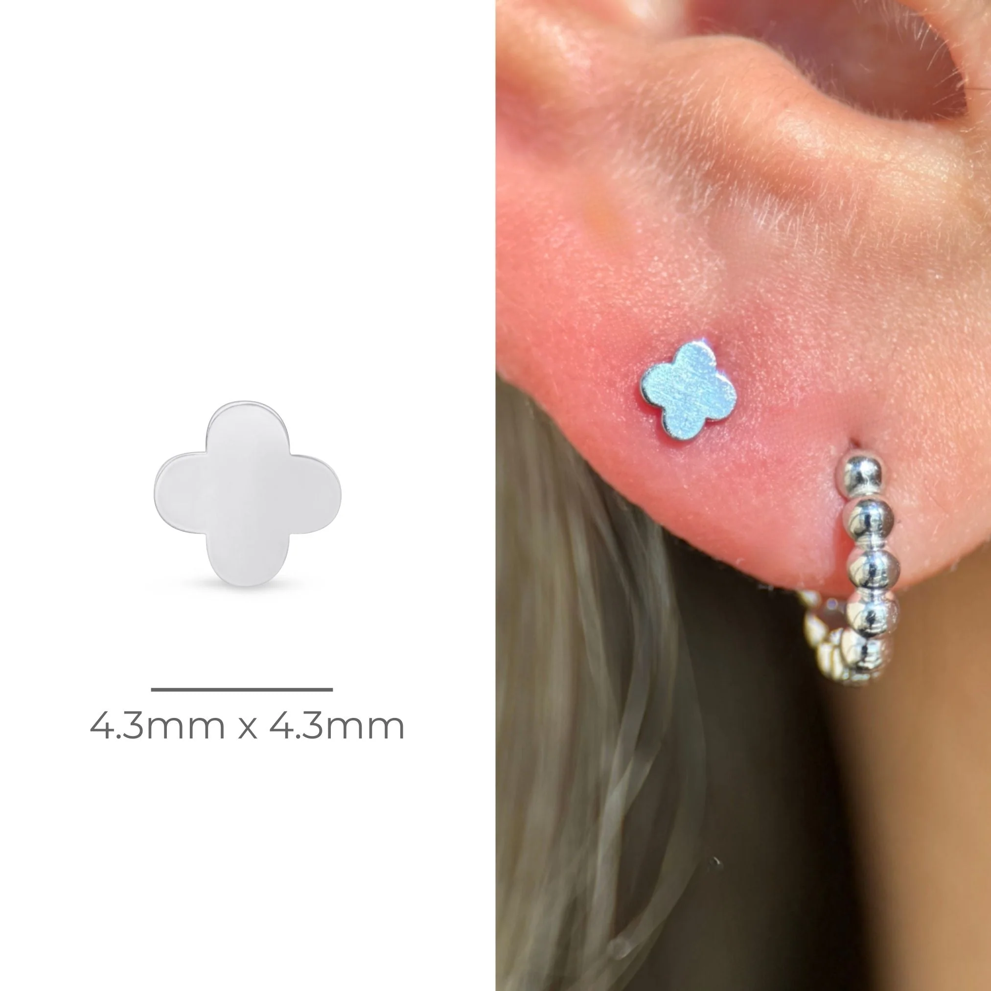 White Gold Clover Flat Back Threaded Stud Earring - Image 4