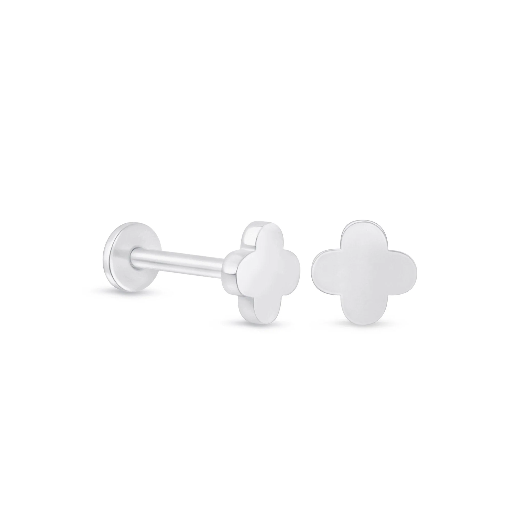 White Gold Clover Flat Back Threaded Stud Earring - Image 6