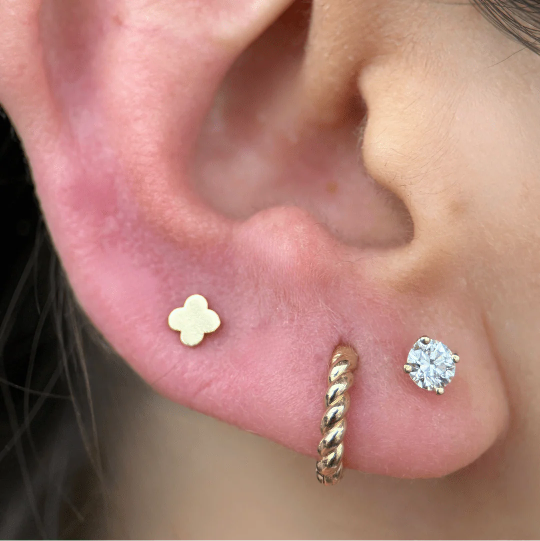 Yellow Gold Clover Flat Back Threaded Stud Earring - Image 3
