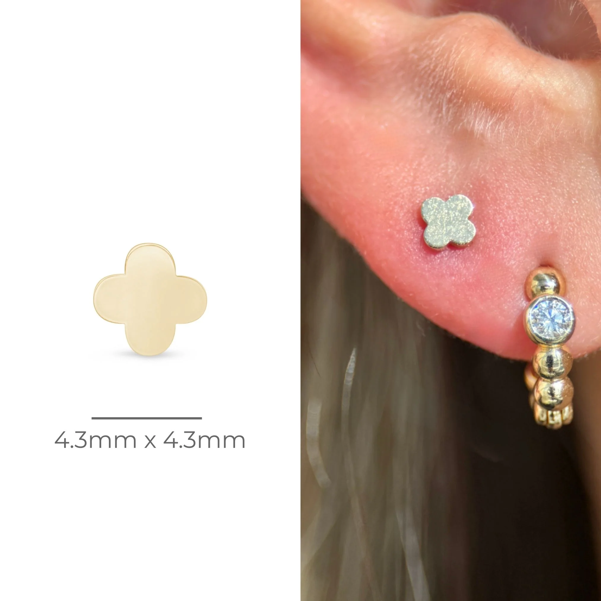 Yellow Gold Clover Flat Back Threaded Stud Earring - Image 6