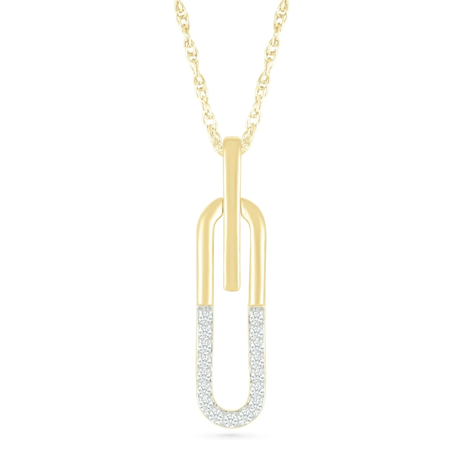 Yellow Gold Half Diamond Paperclip Pendant Necklace