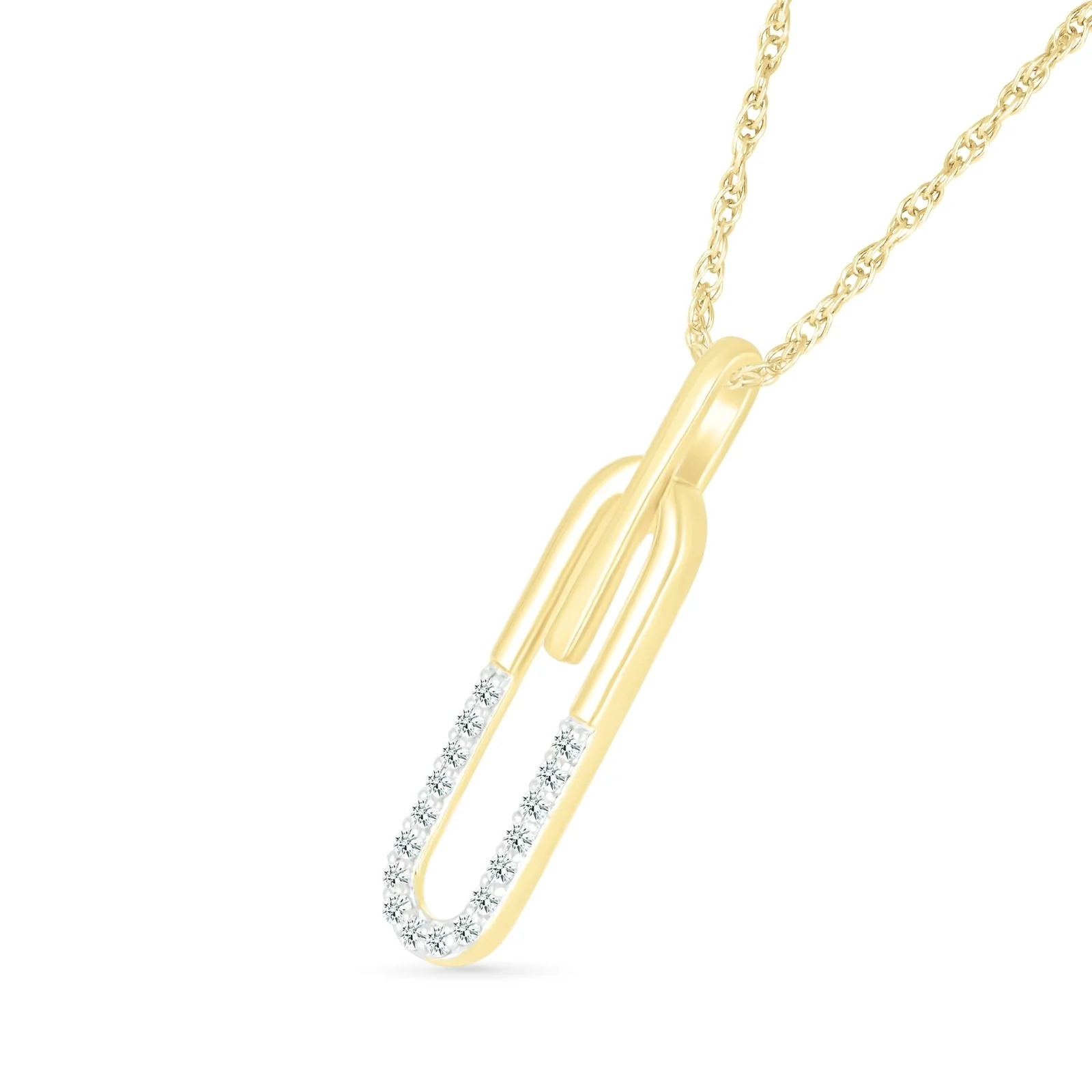 Yellow Gold Half Diamond Paperclip Pendant Necklace - Image 2
