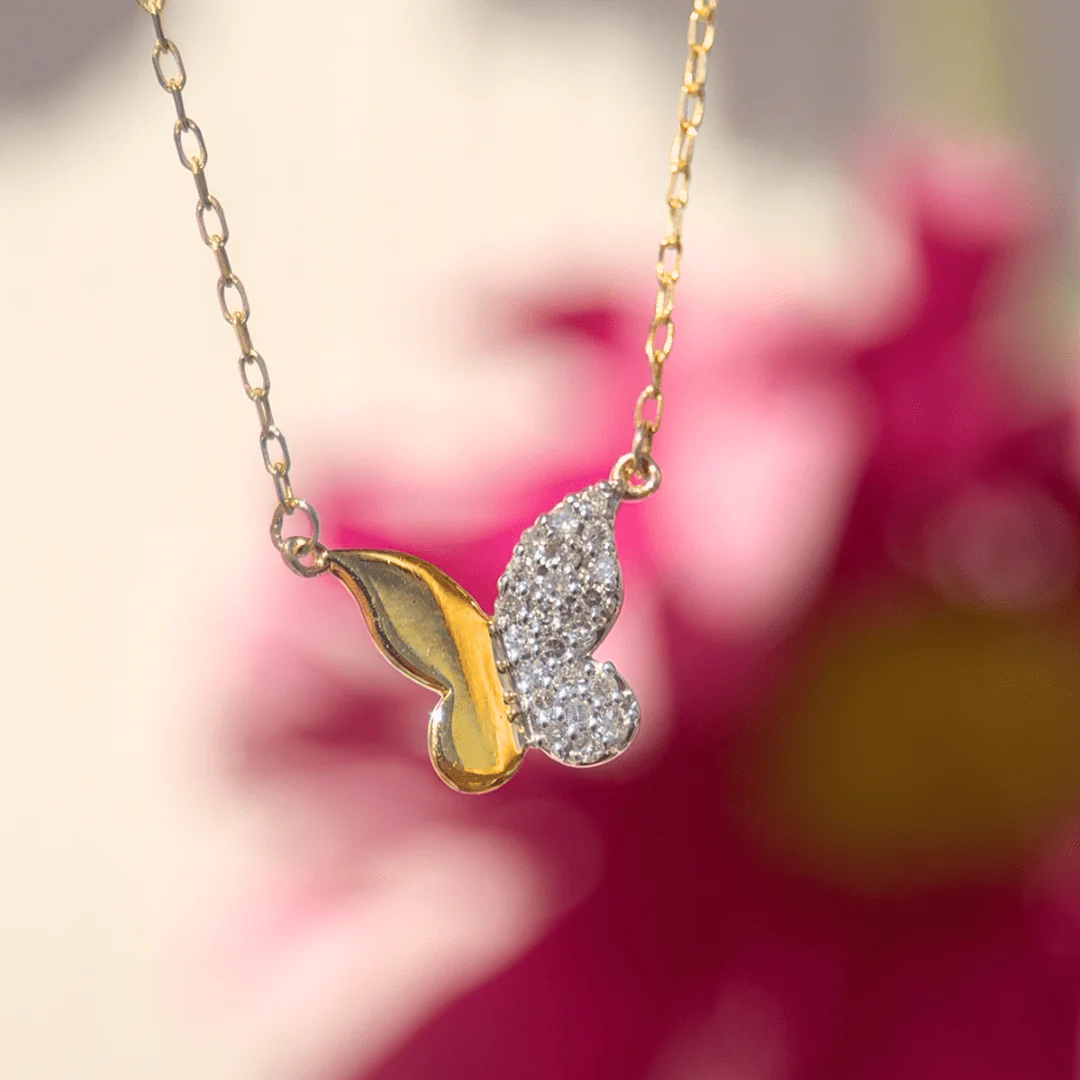 Yellow Gold Diamond Butterfly Pendant Necklace - Image 2
