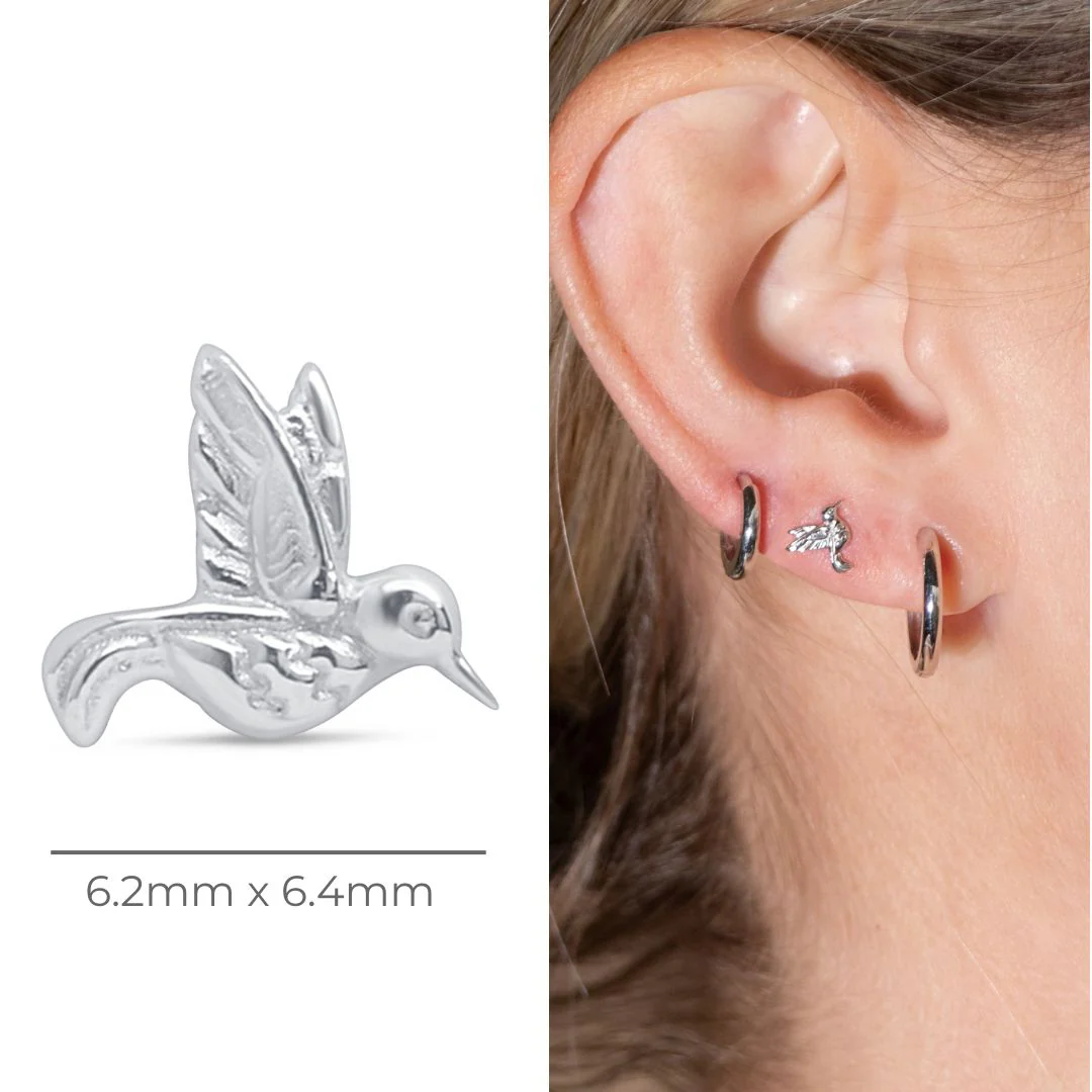 White Gold Hummingbird Threaded Flat Back Earring - Image 4