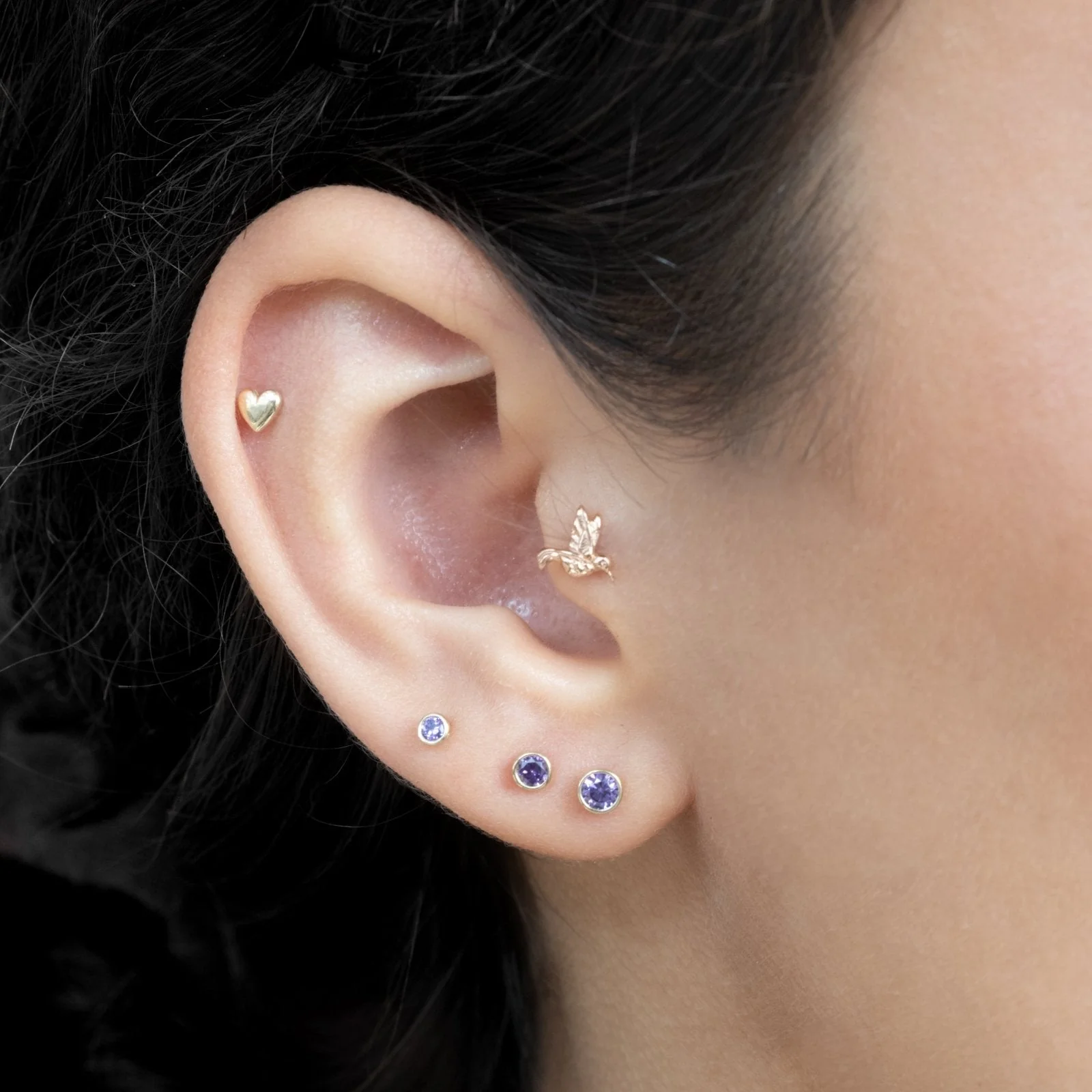 Yellow Gold Hummingbird Threaded Flat Back Earring - Image 7