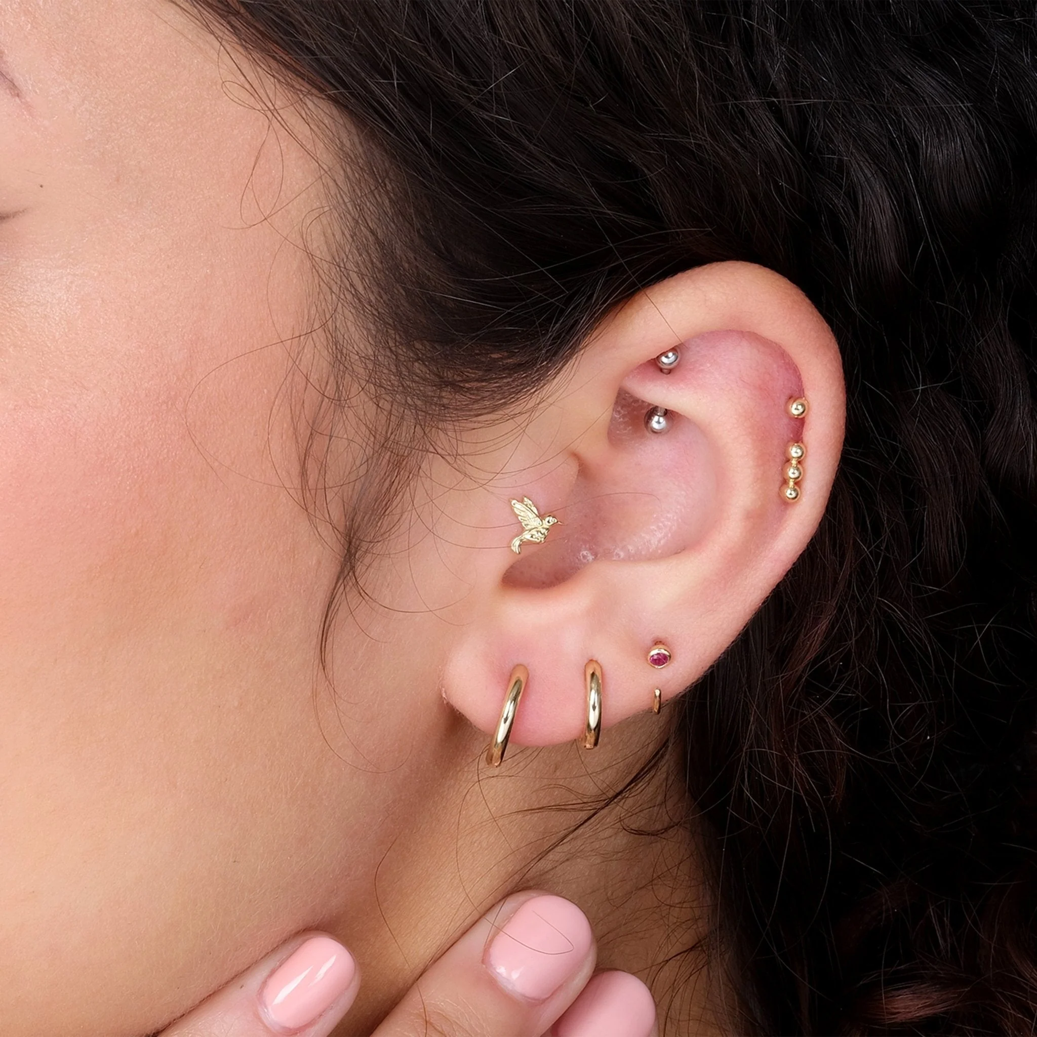 Yellow Gold Hummingbird Threaded Flat Back Earring - Image 8